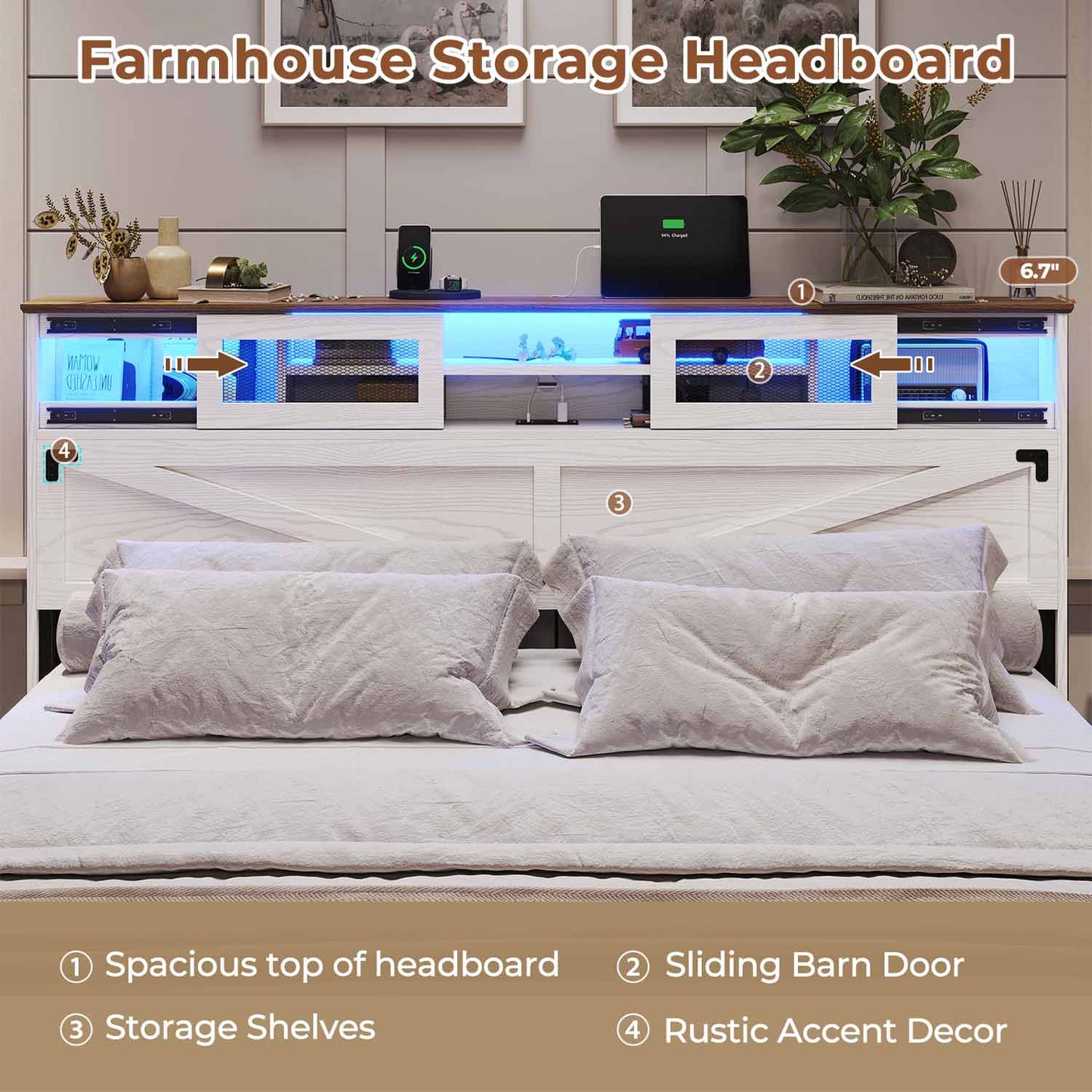 LED Bed Frame with 2 Under Bed Storage Drawers White