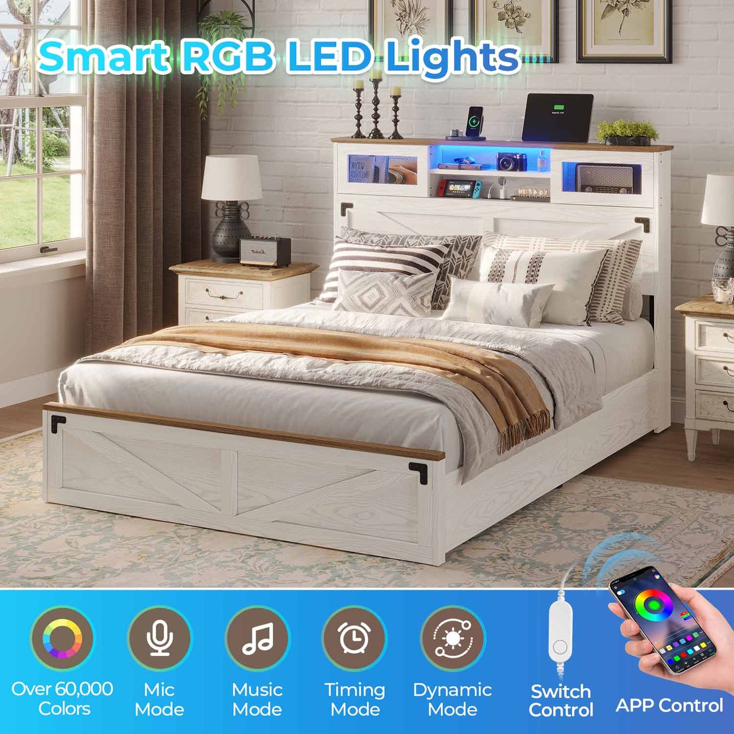LED Bed Frame with 2 Under Bed Storage Drawers White