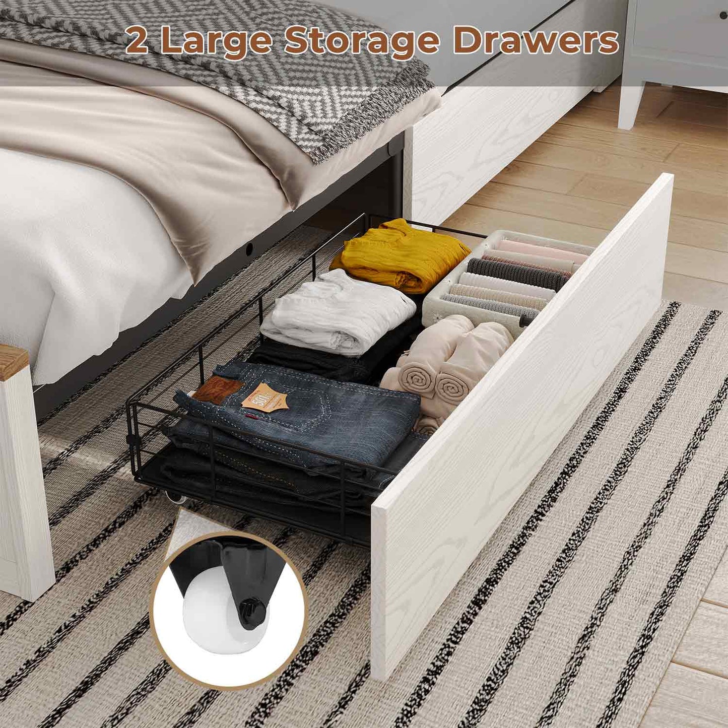 LED Bed Frame with 2 Under Bed Storage Drawers White