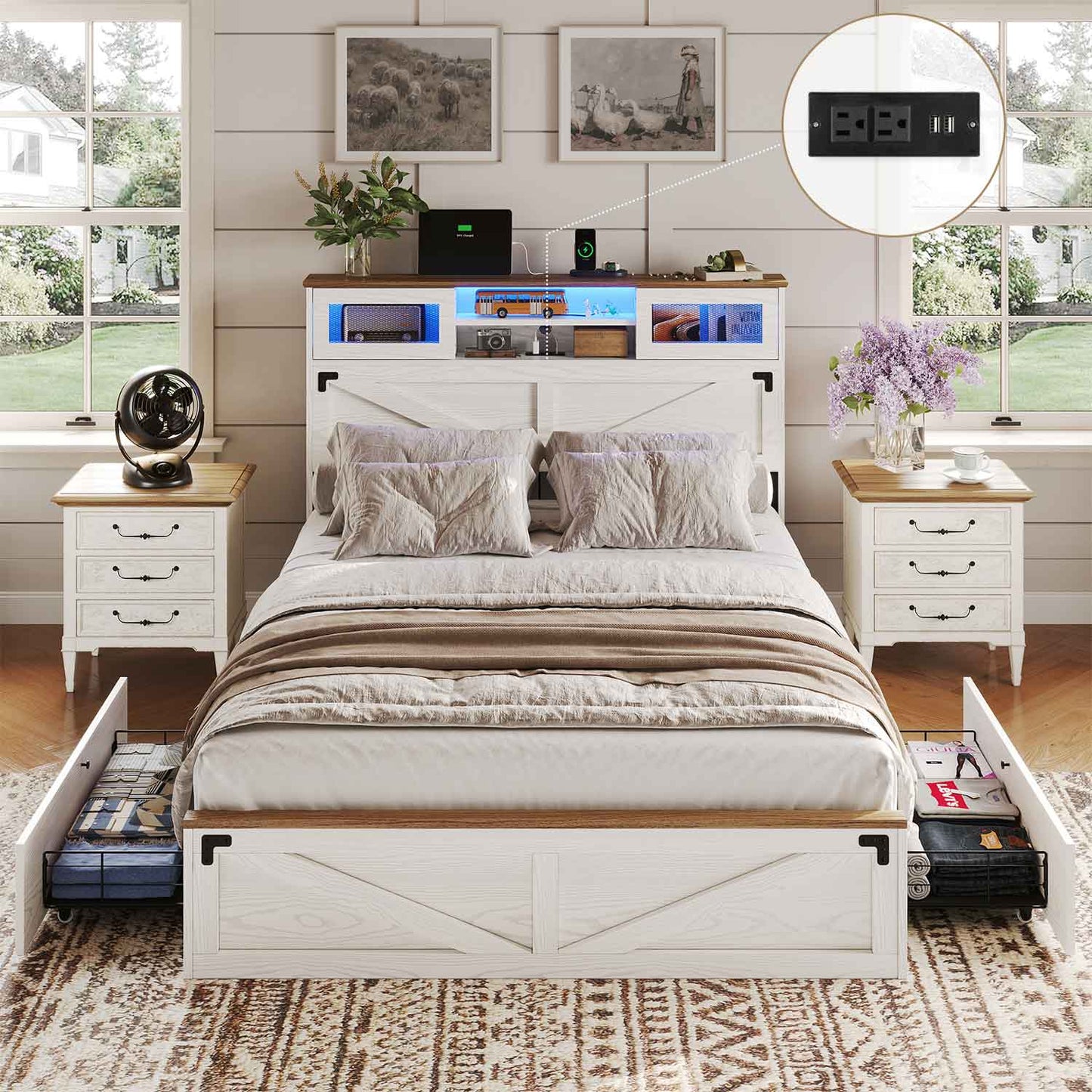 LED Bed Frame with 2 Under Bed Storage Drawers White