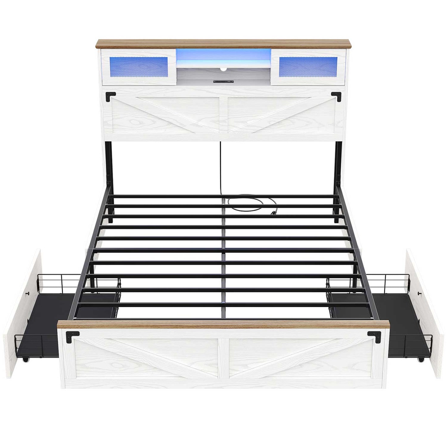LED Bed Frame with 2 Under Bed Storage Drawers White