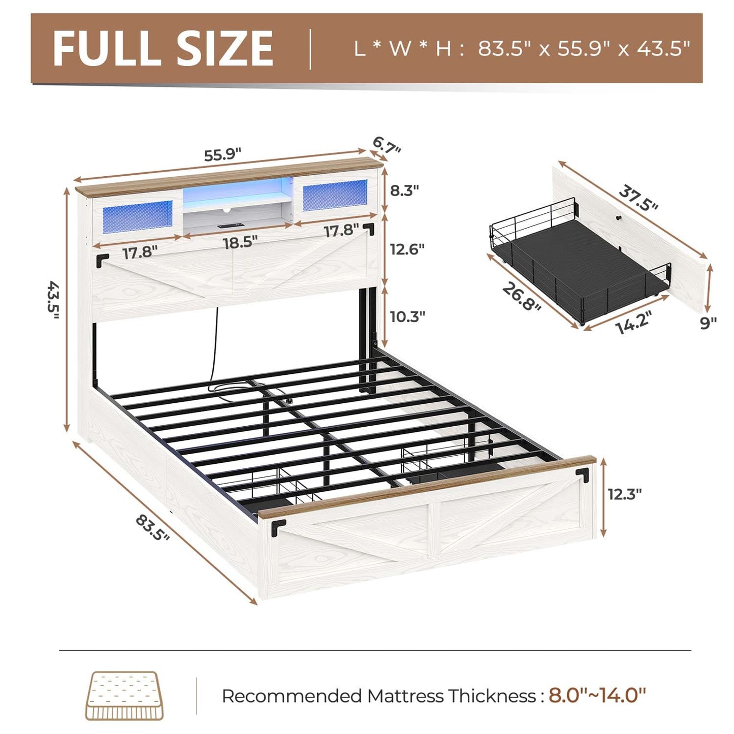 LED Bed Frame with 2 Under Bed Storage Drawers White