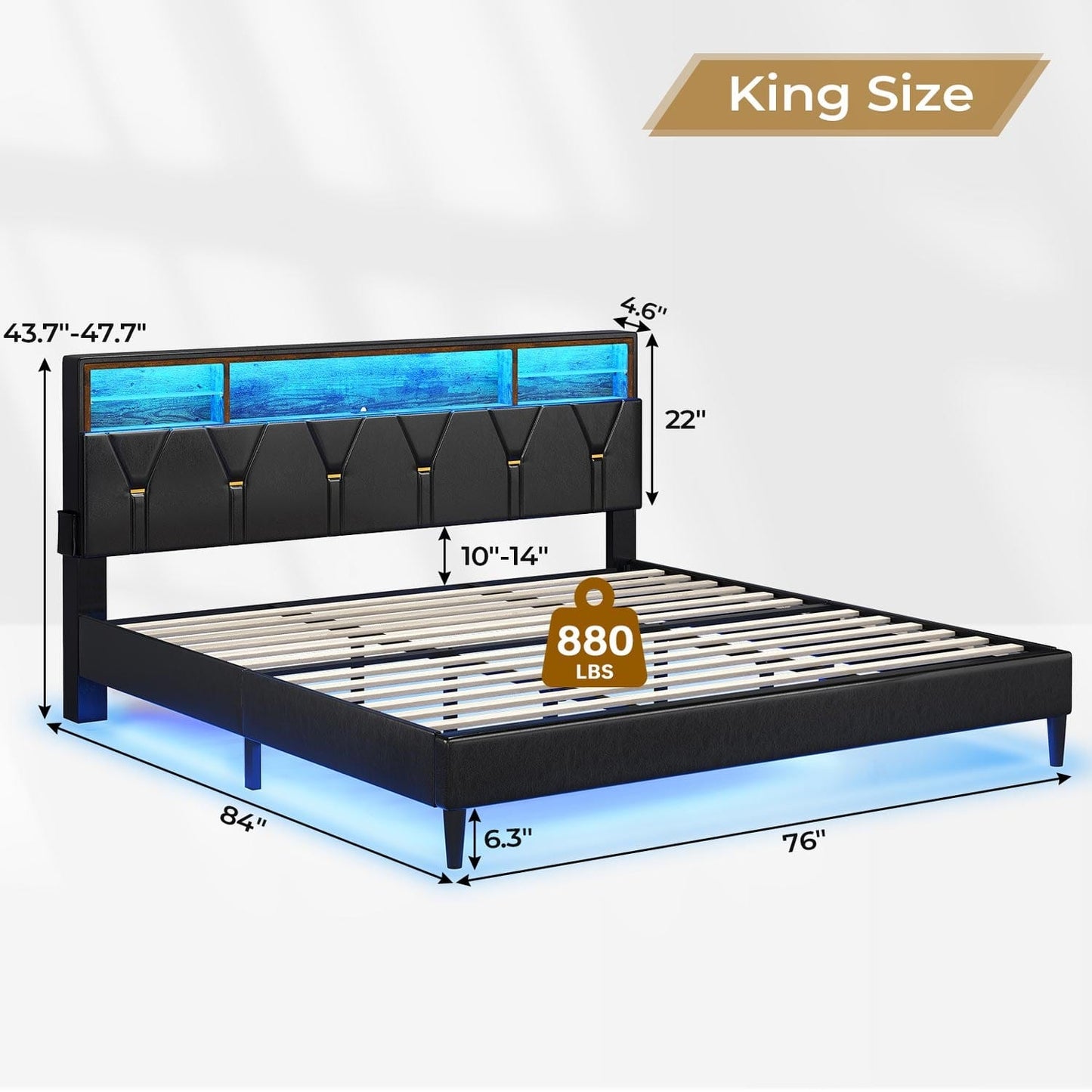 Faux Leather LED Bed Frame with Storage Headboard Black