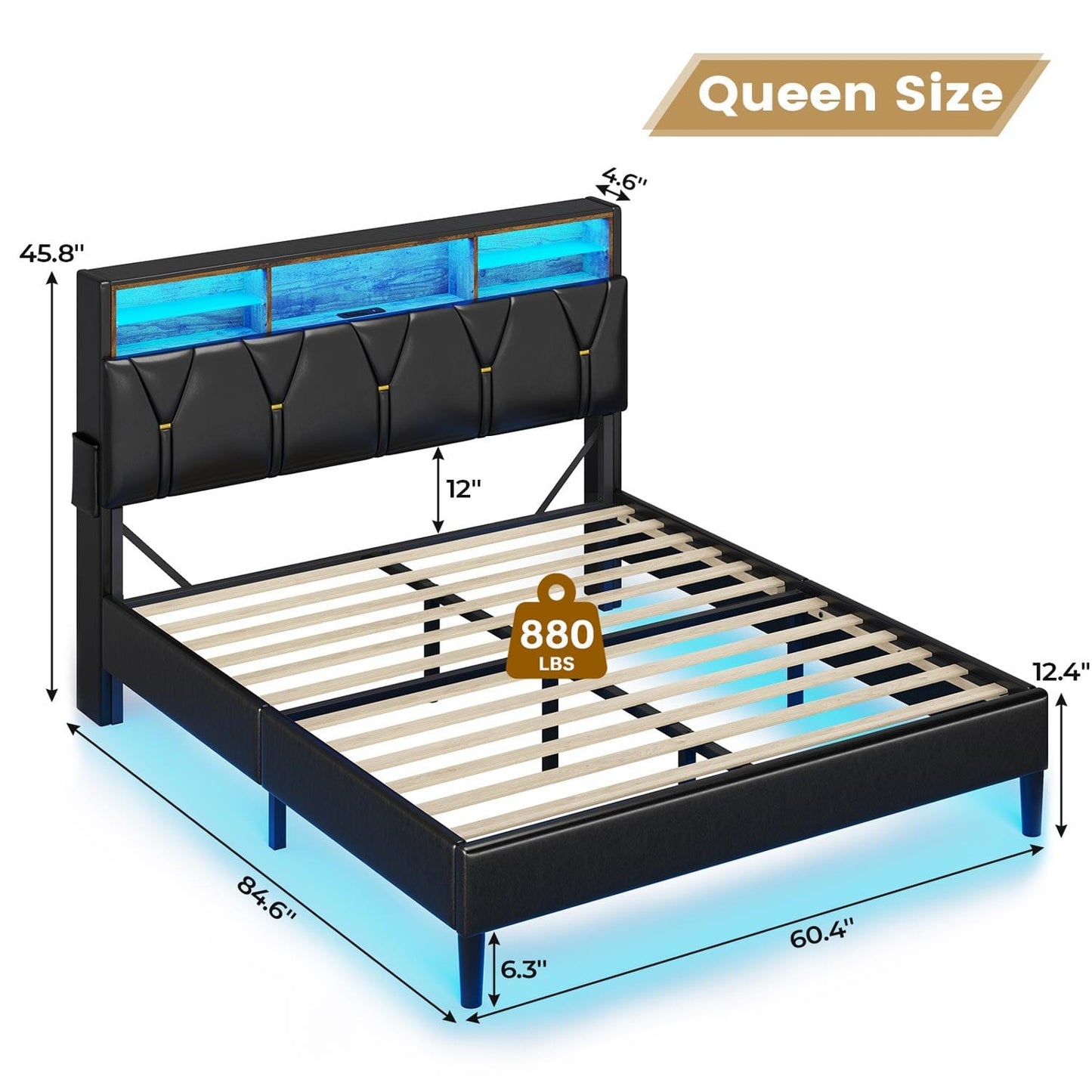 Faux Leather LED Bed Frame with Storage Headboard Black