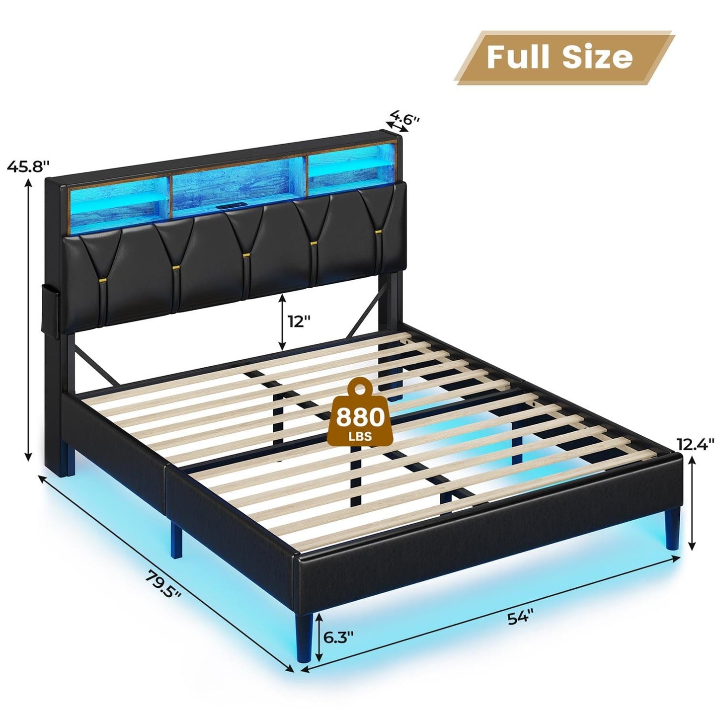 Faux Leather LED Bed Frame with Storage Headboard Black