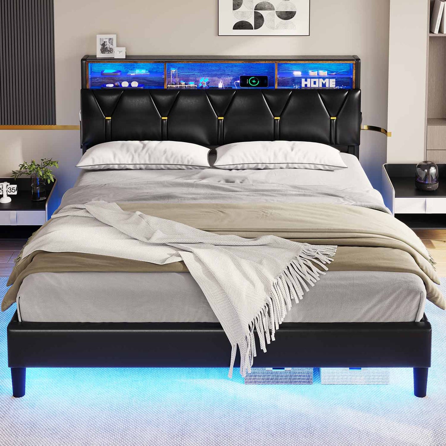 Faux Leather LED Bed Frame with Storage Headboard Black