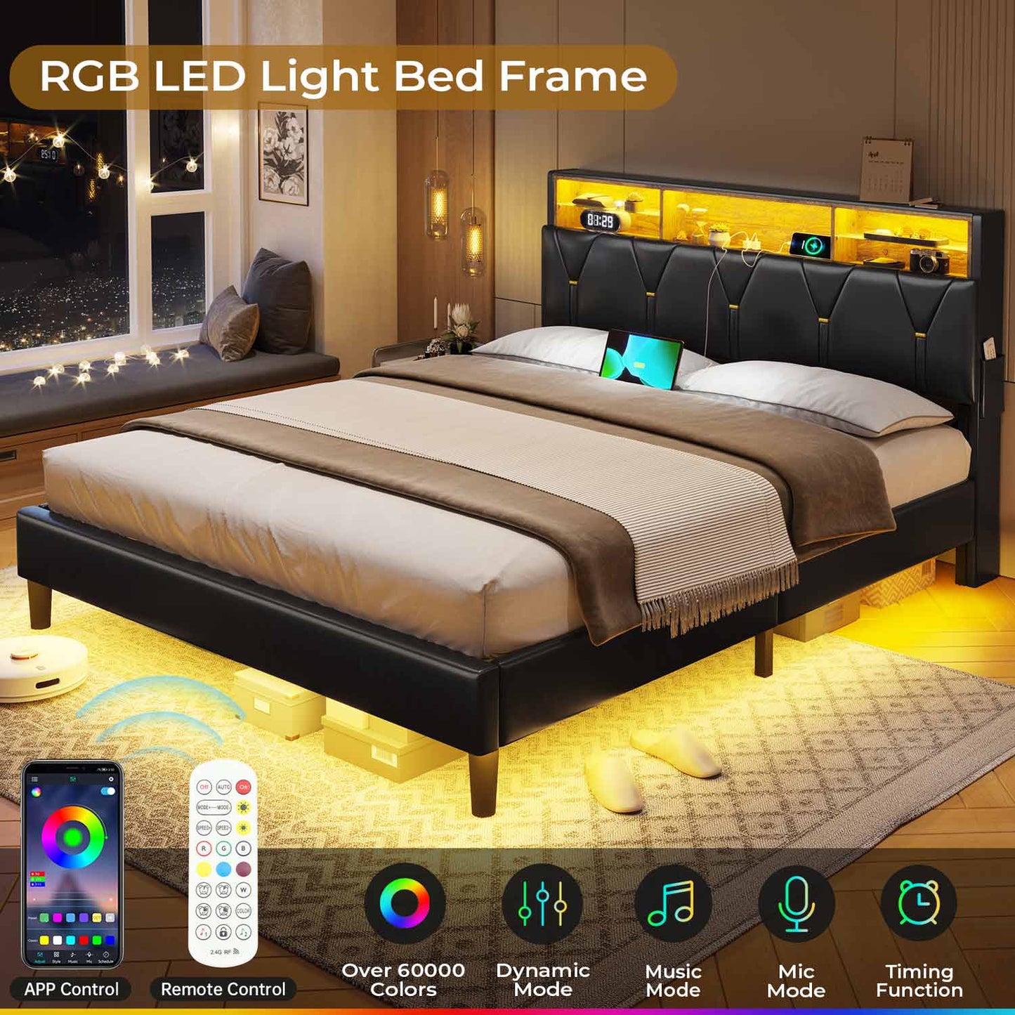 Faux Leather LED Bed Frame with Storage Headboard Black