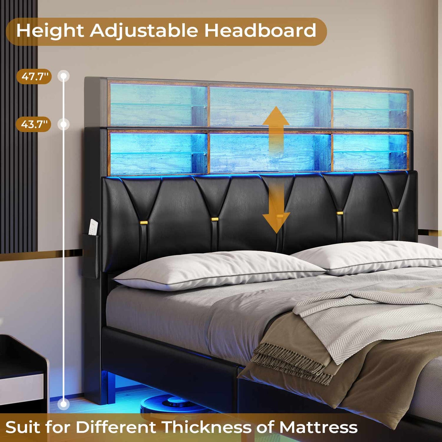 Faux Leather LED Bed Frame with Storage Headboard Black
