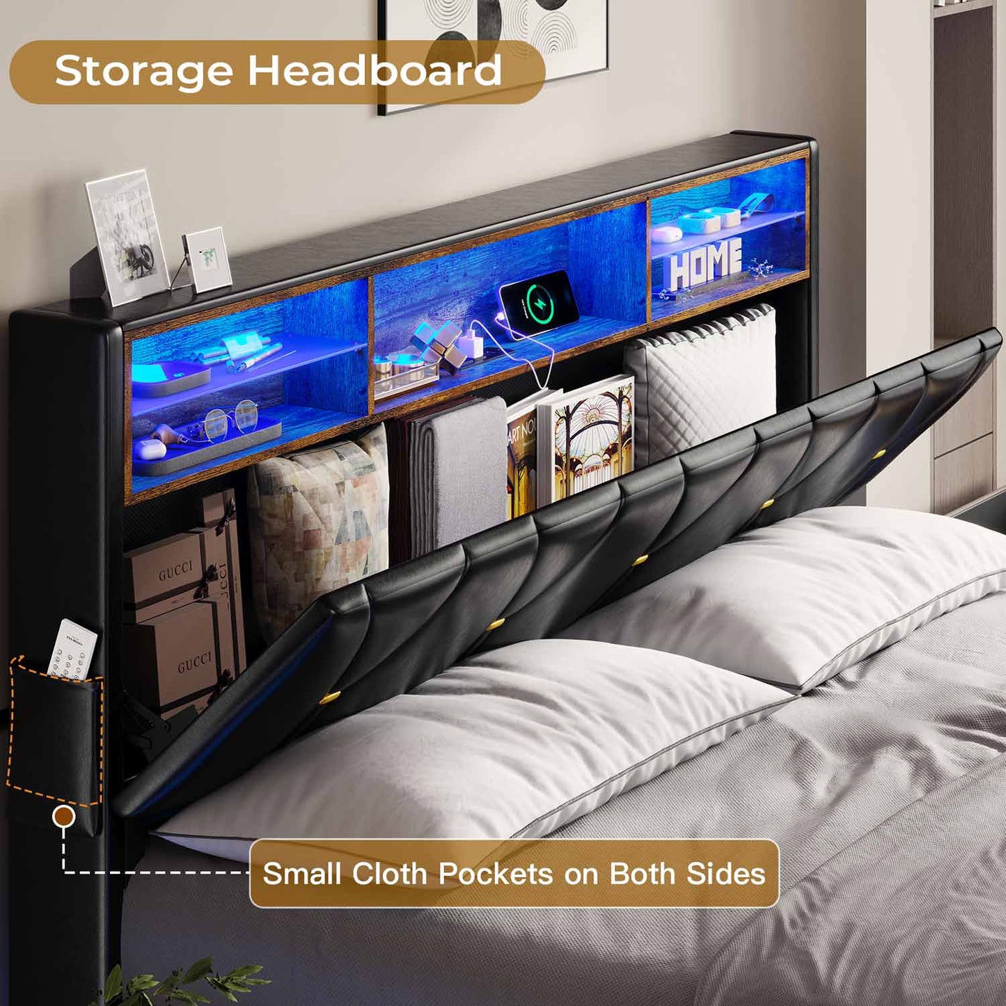 Faux Leather LED Bed Frame with Storage Headboard Black