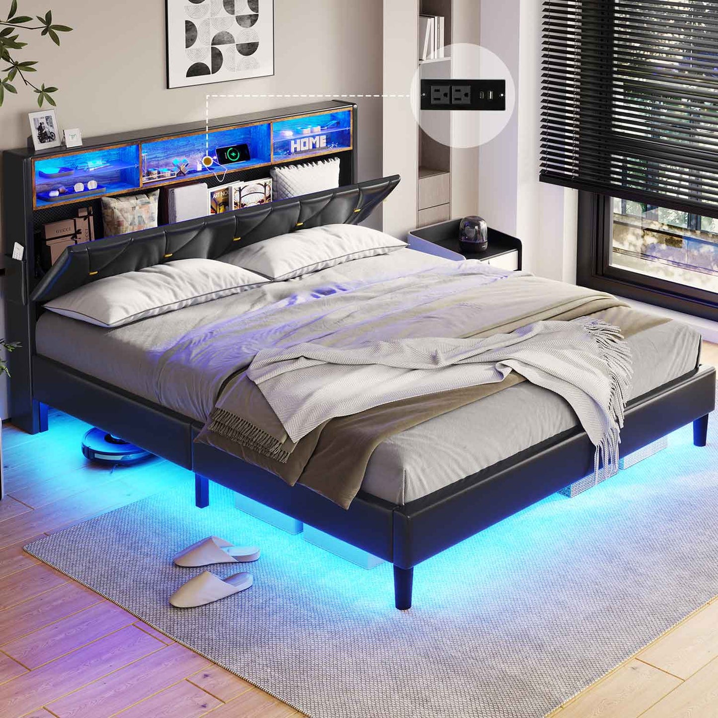 Faux Leather LED Bed Frame with Storage Headboard Black