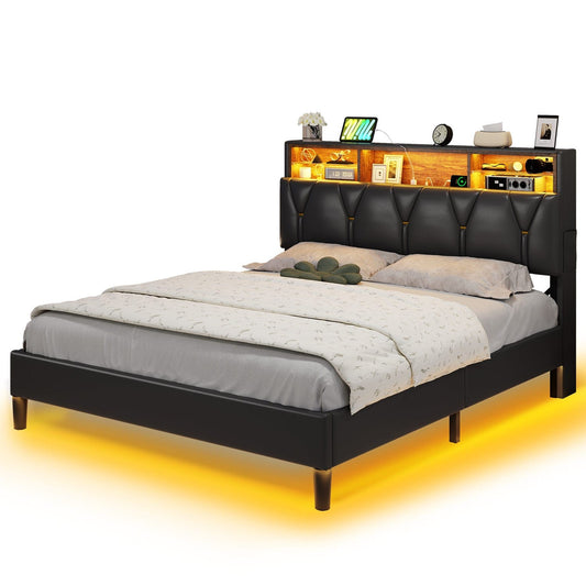Faux Leather LED Bed Frame with Storage Headboard Black