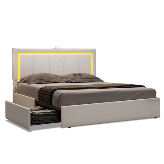 Faux Leather LED Bed Frame with Adjustable Headboard White
