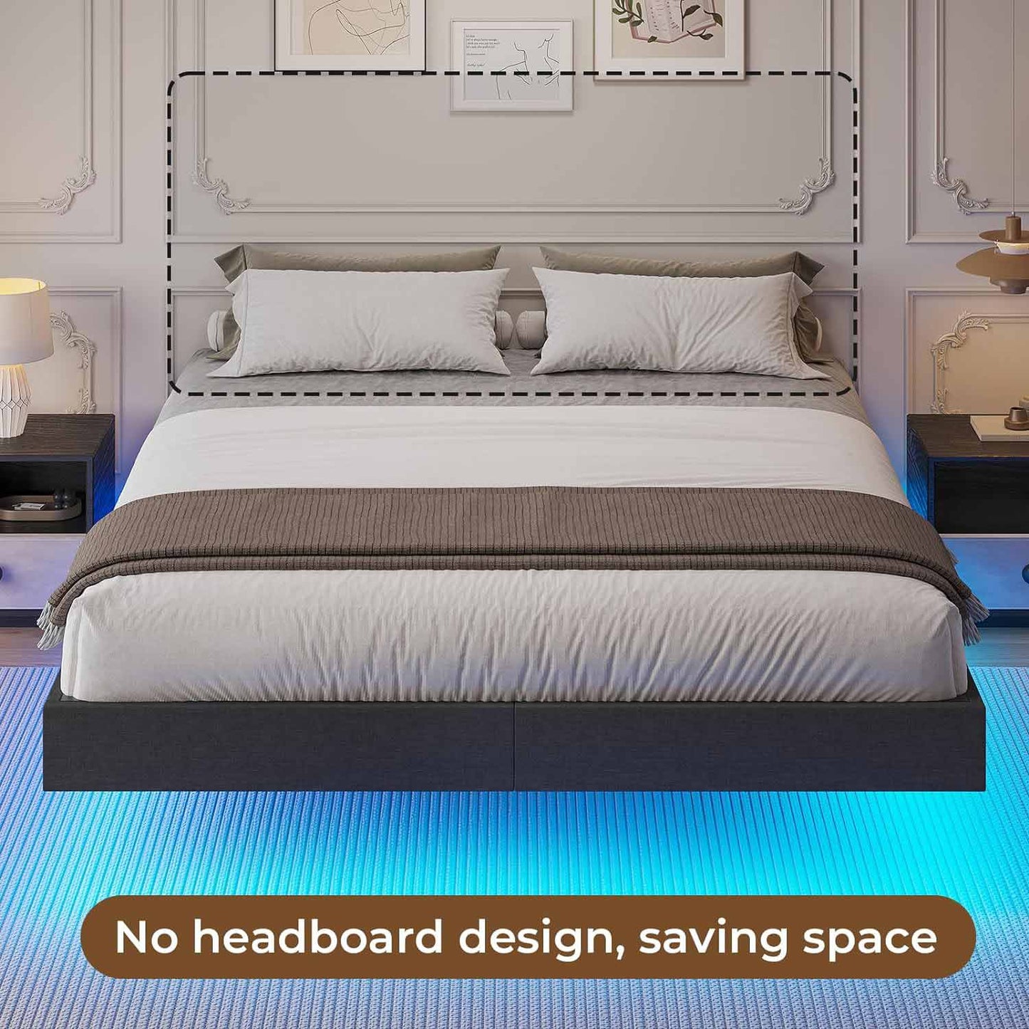 Floating Linen Upholstered Platform Bed Frame Dark Grey