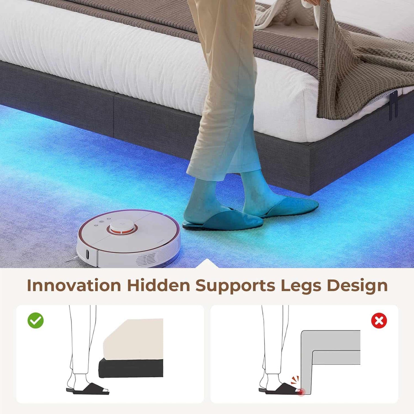Floating Linen Upholstered Platform Bed Frame Dark Grey