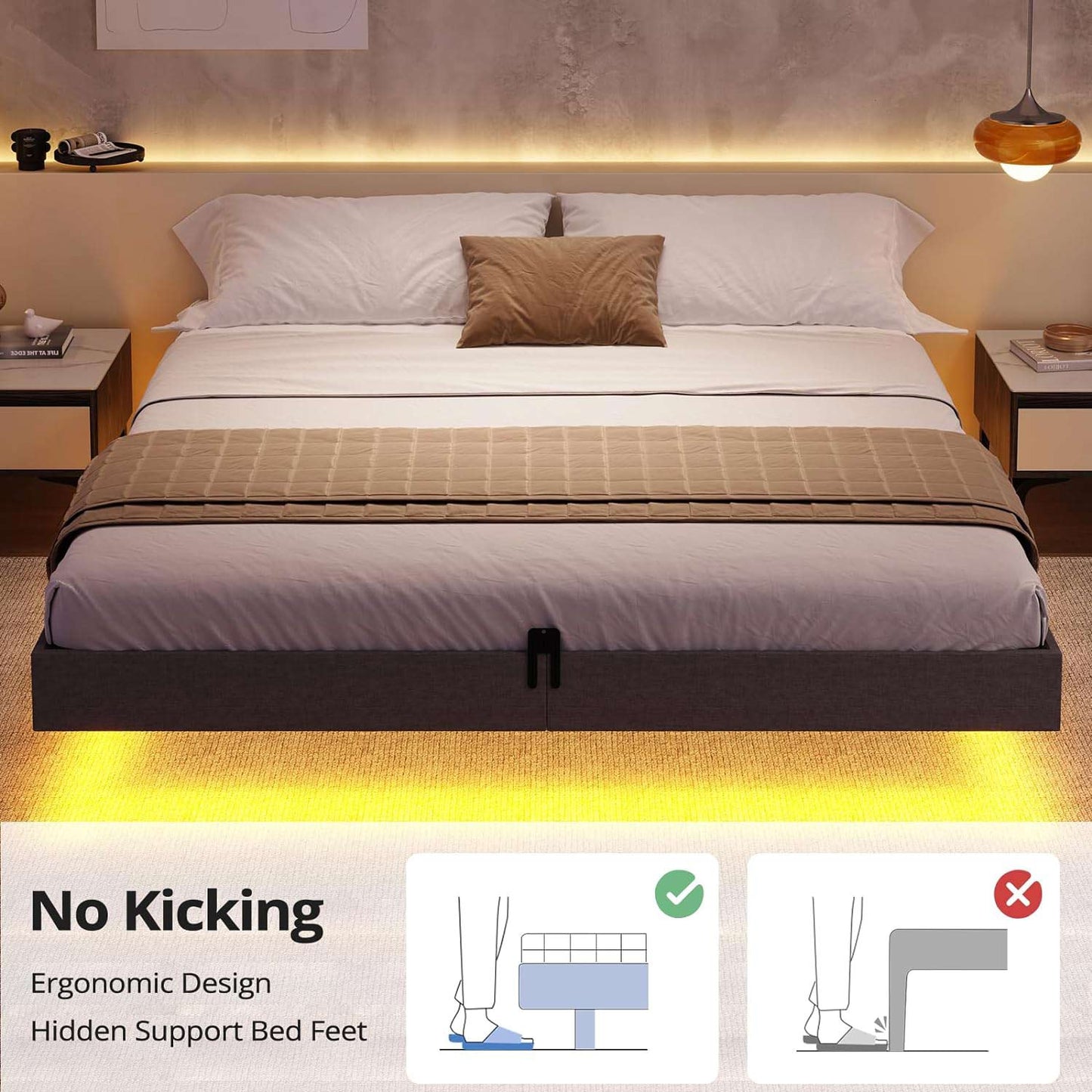 Floating Linen Upholstered Platform Bed Frame Dark Grey