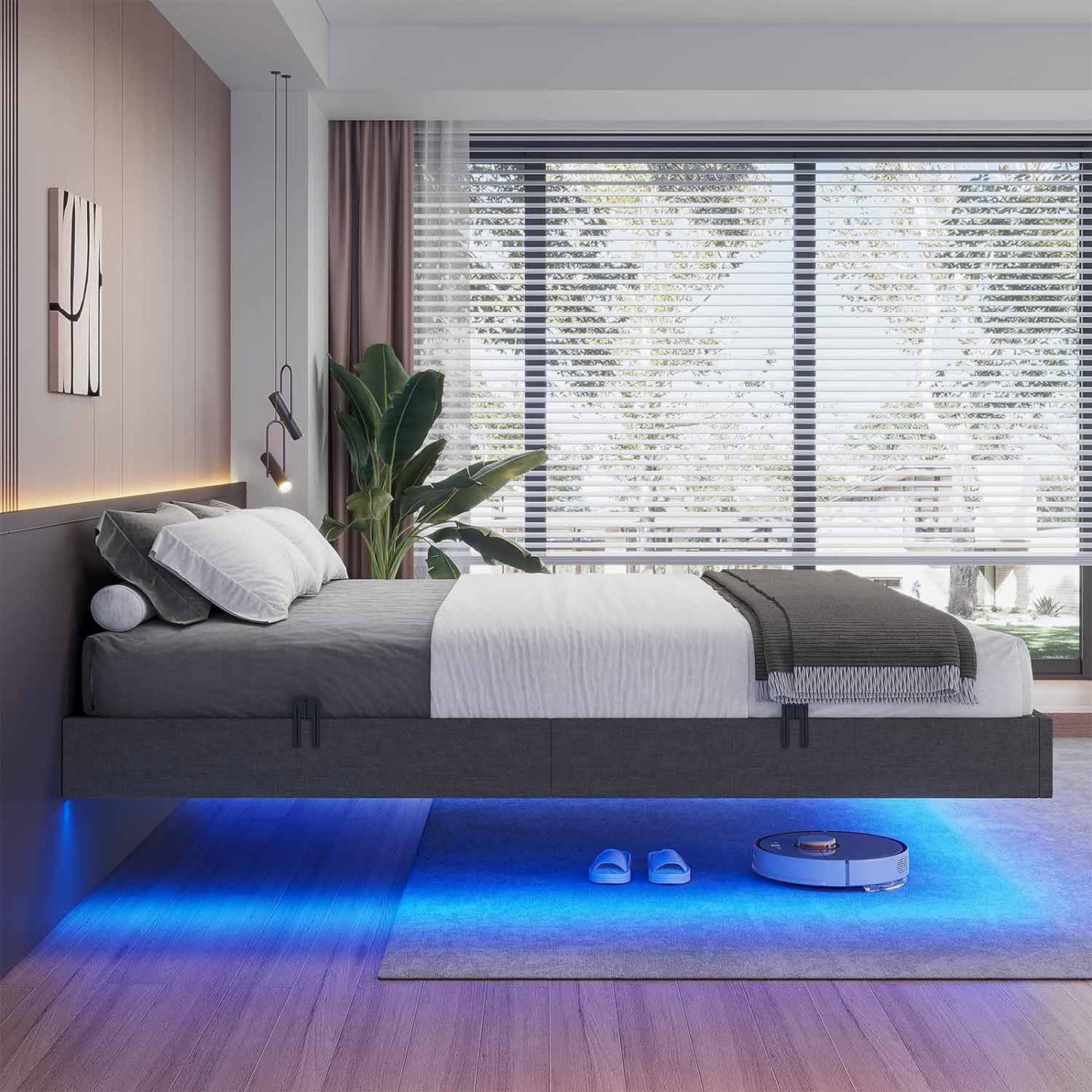 Floating Linen Upholstered Platform Bed Frame Dark Grey