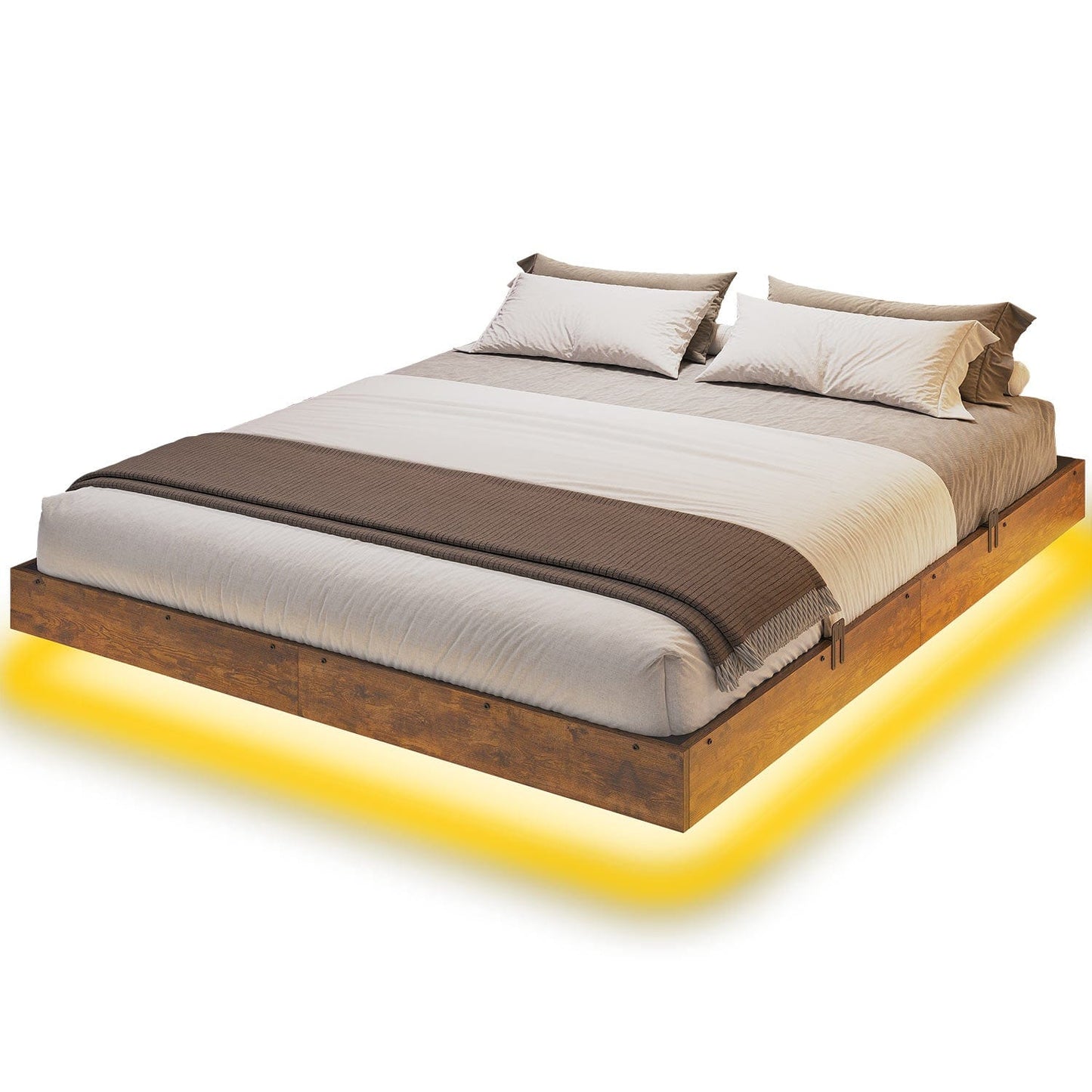 Floating Industrial Wooden Metal Platform Bed Frame Brown
