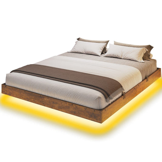 Floating Industrial Wooden Metal Platform Bed Frame Brown