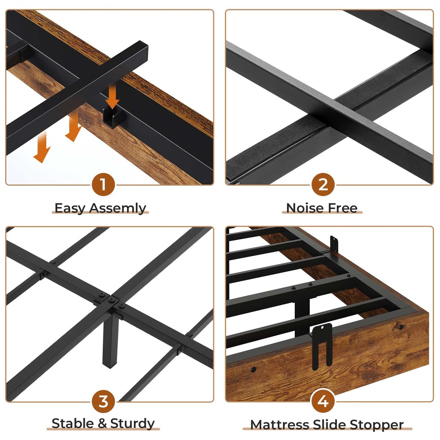 Floating Industrial Wooden Metal Platform Bed Frame Brown