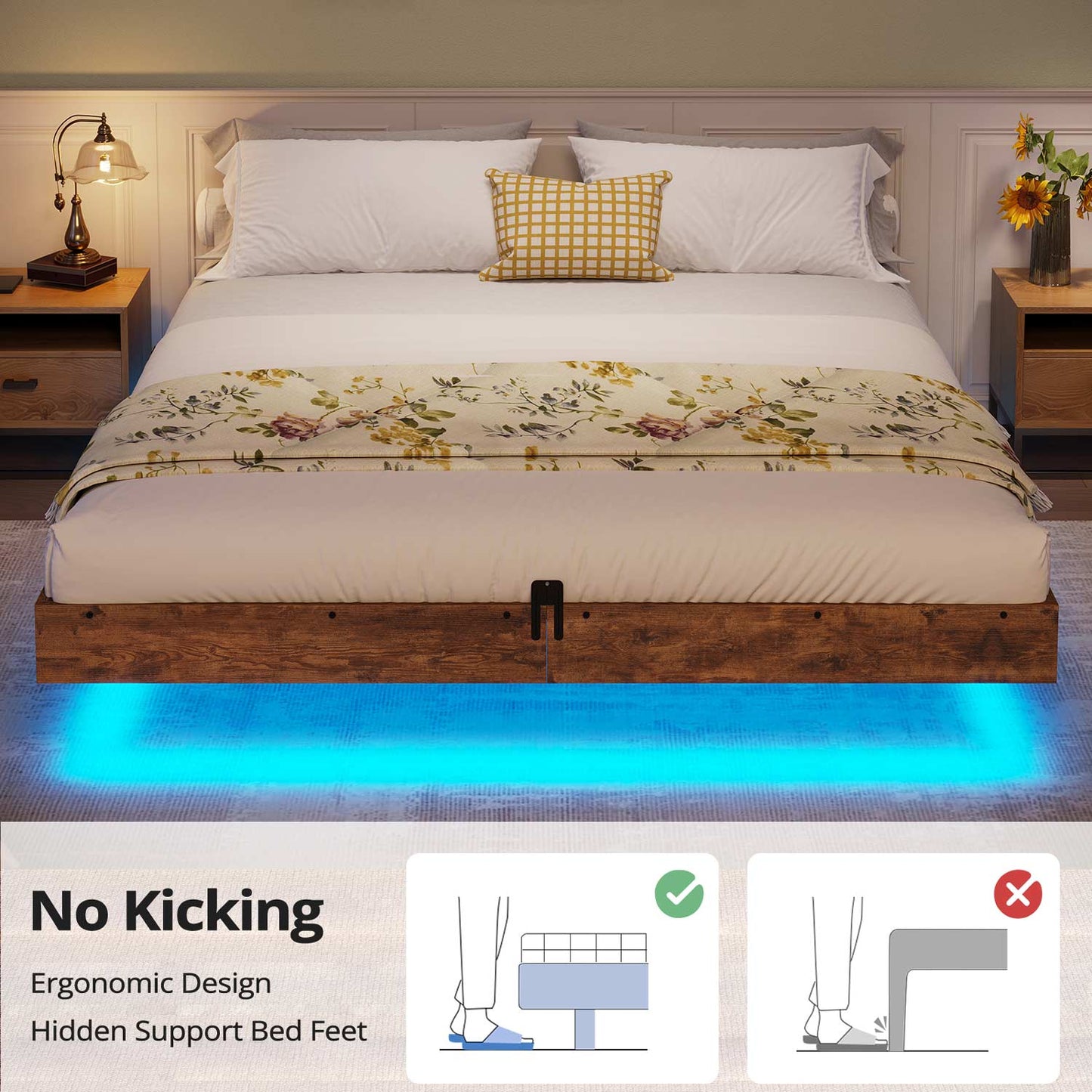 Floating Industrial Wooden Metal Platform Bed Frame Brown