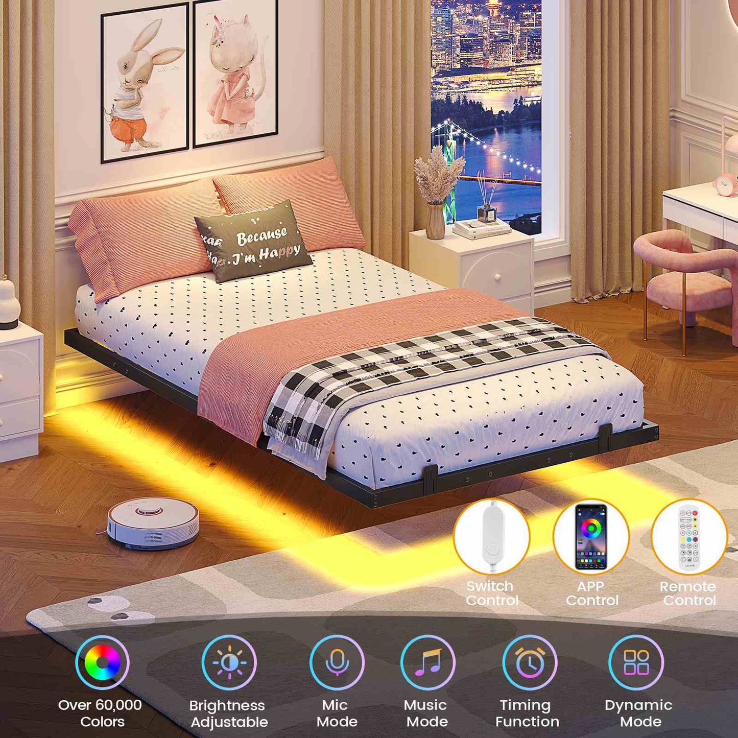 Floating Metal Bed Frame with LED Lights Black