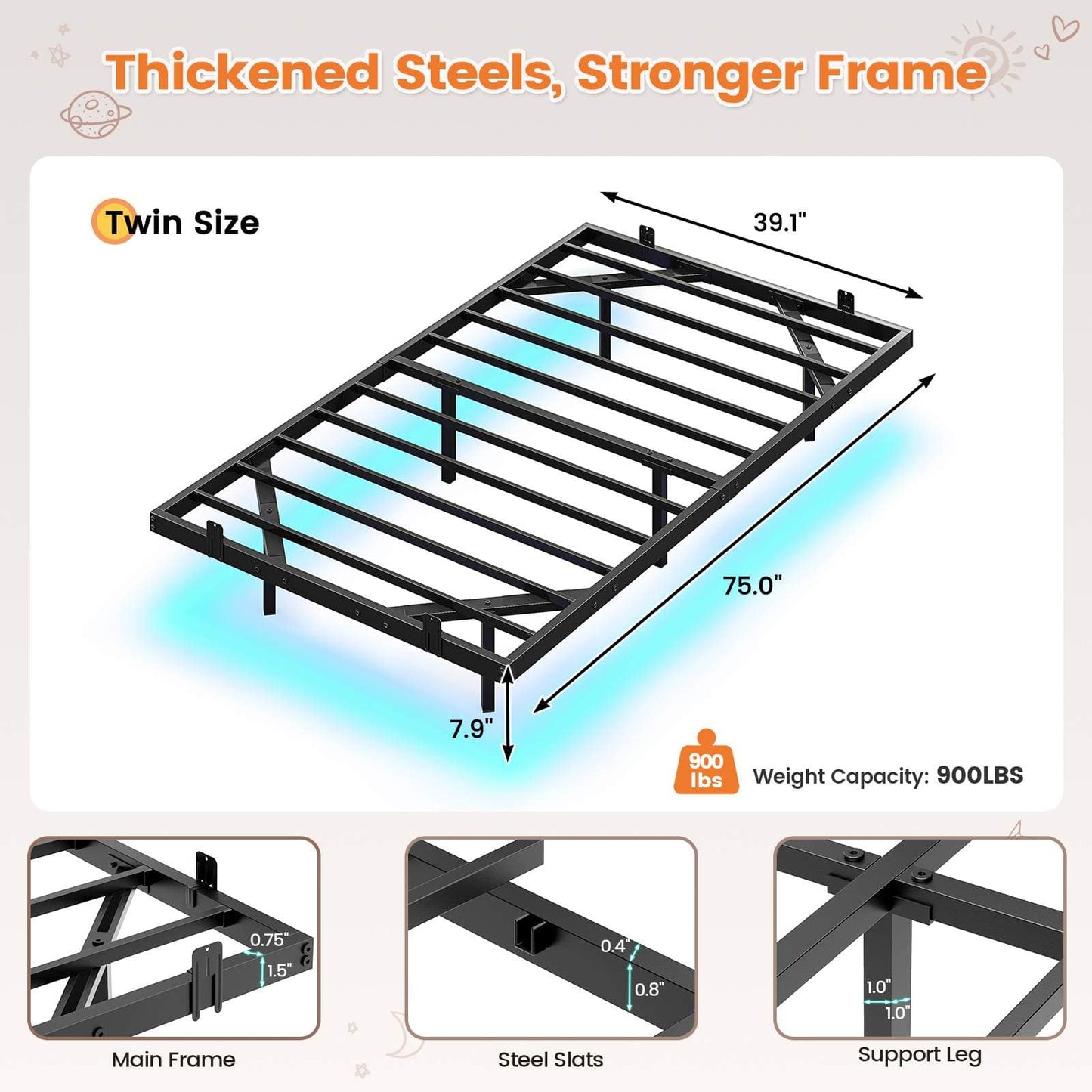 Floating Metal Bed Frame with LED Lights Black