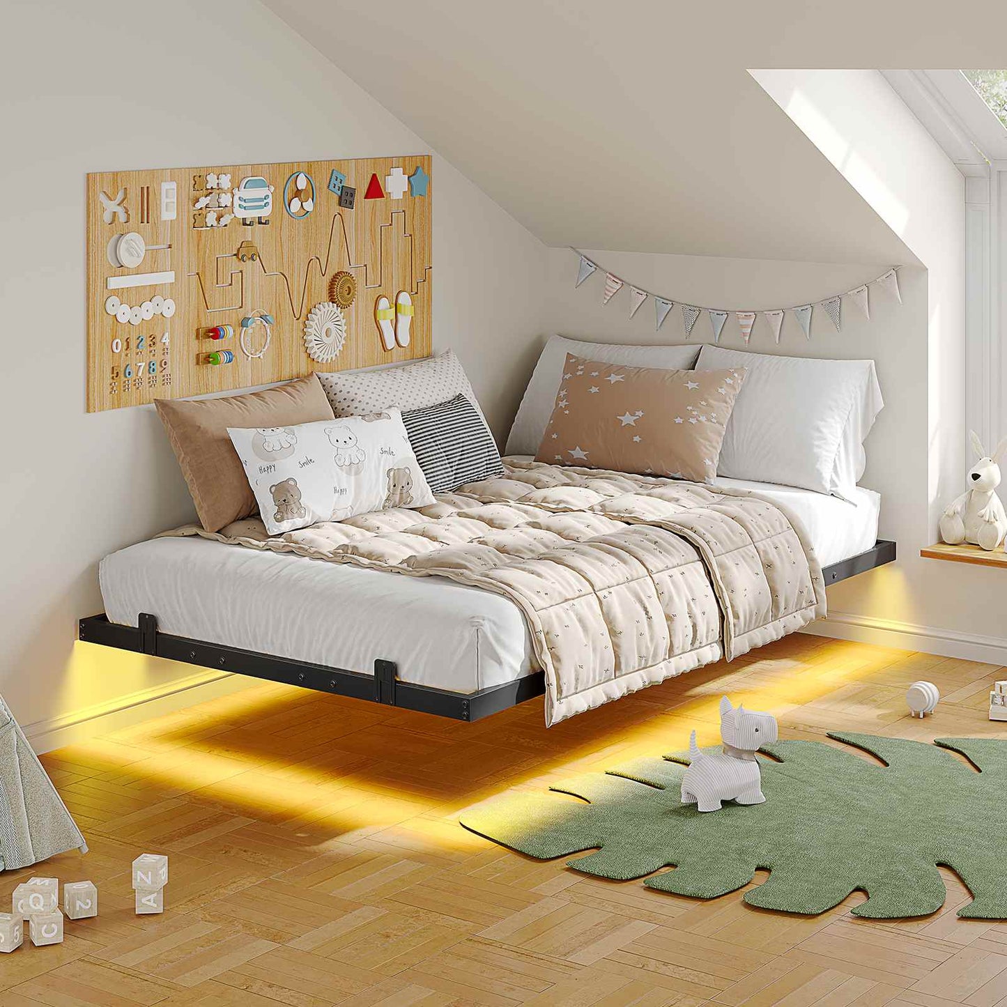 Floating Metal Bed Frame with LED Lights Black