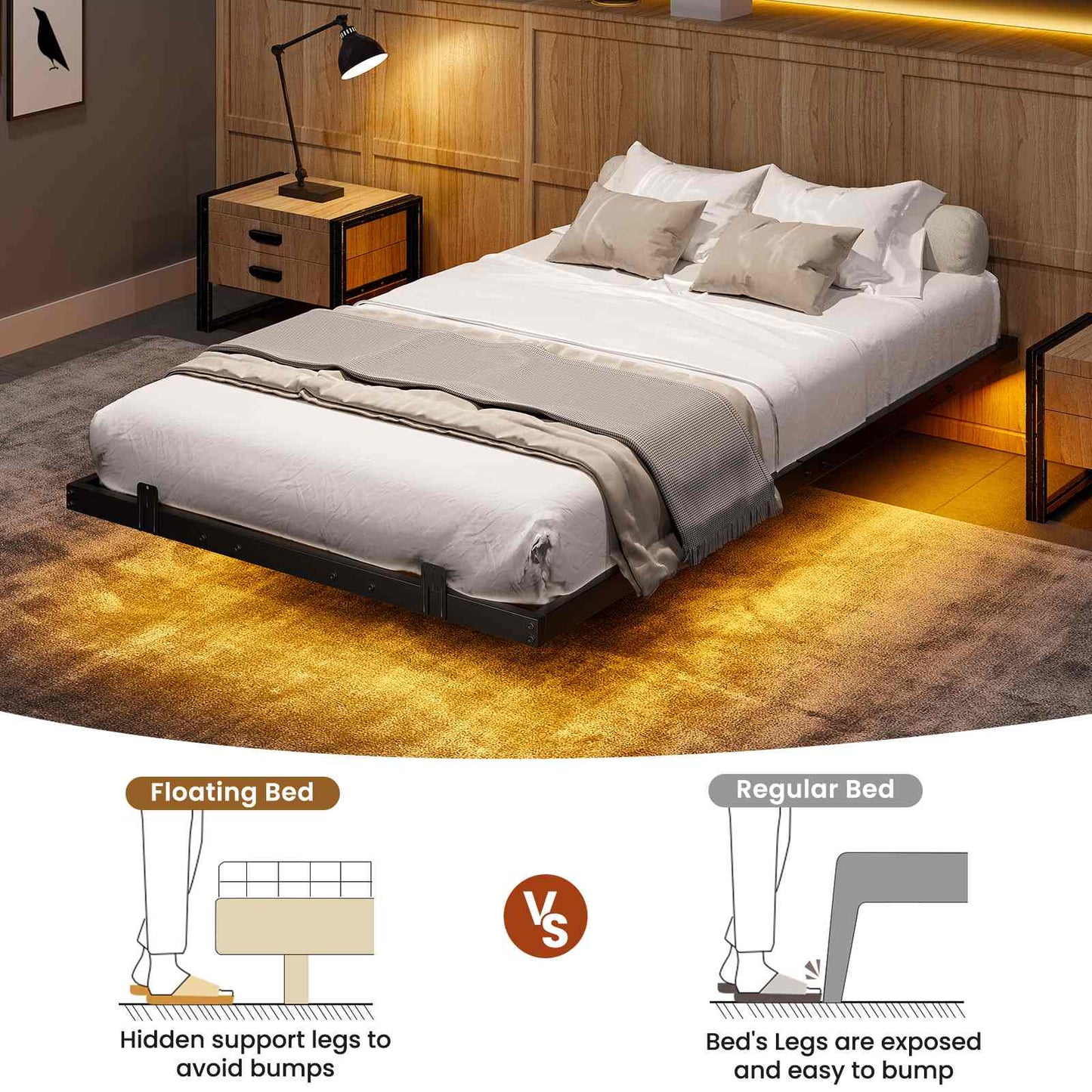 Floating Metal Bed Frame with LED Lights Black