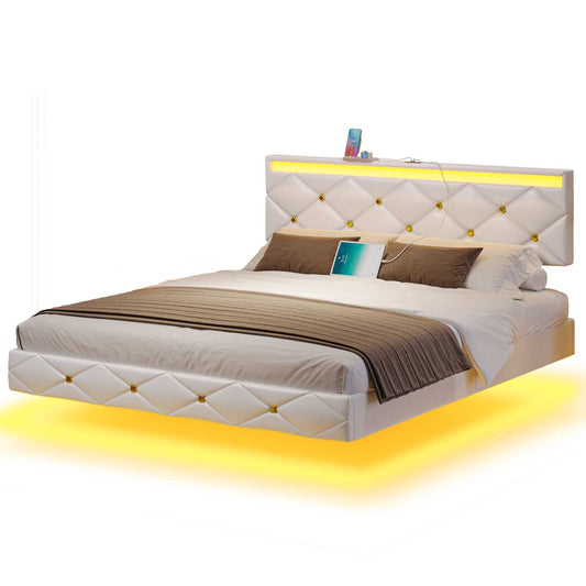 Faux Leather Floating LED Bed Frame White