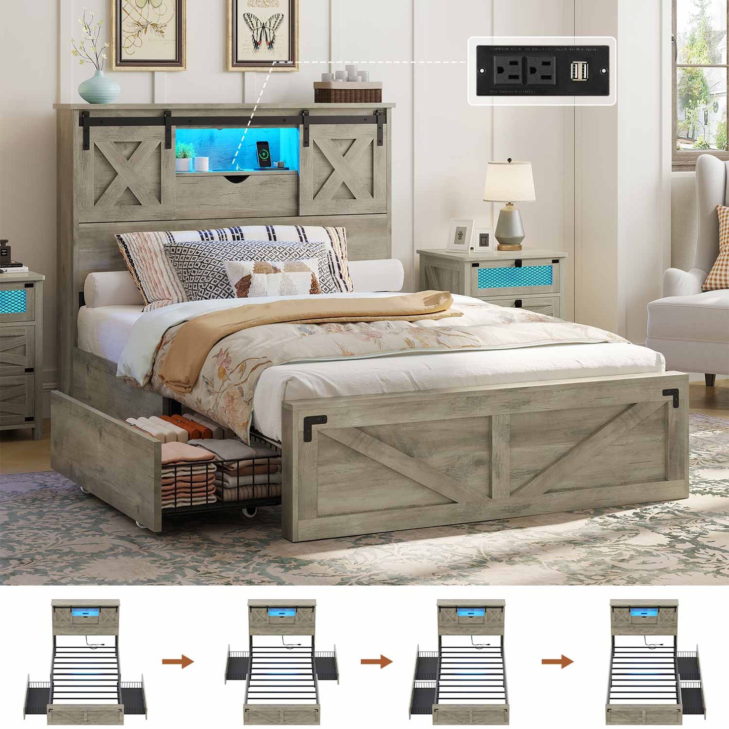 Twin XL Size Bed Frame with 2 Storage Drawers and LED Lights Rustic Oak