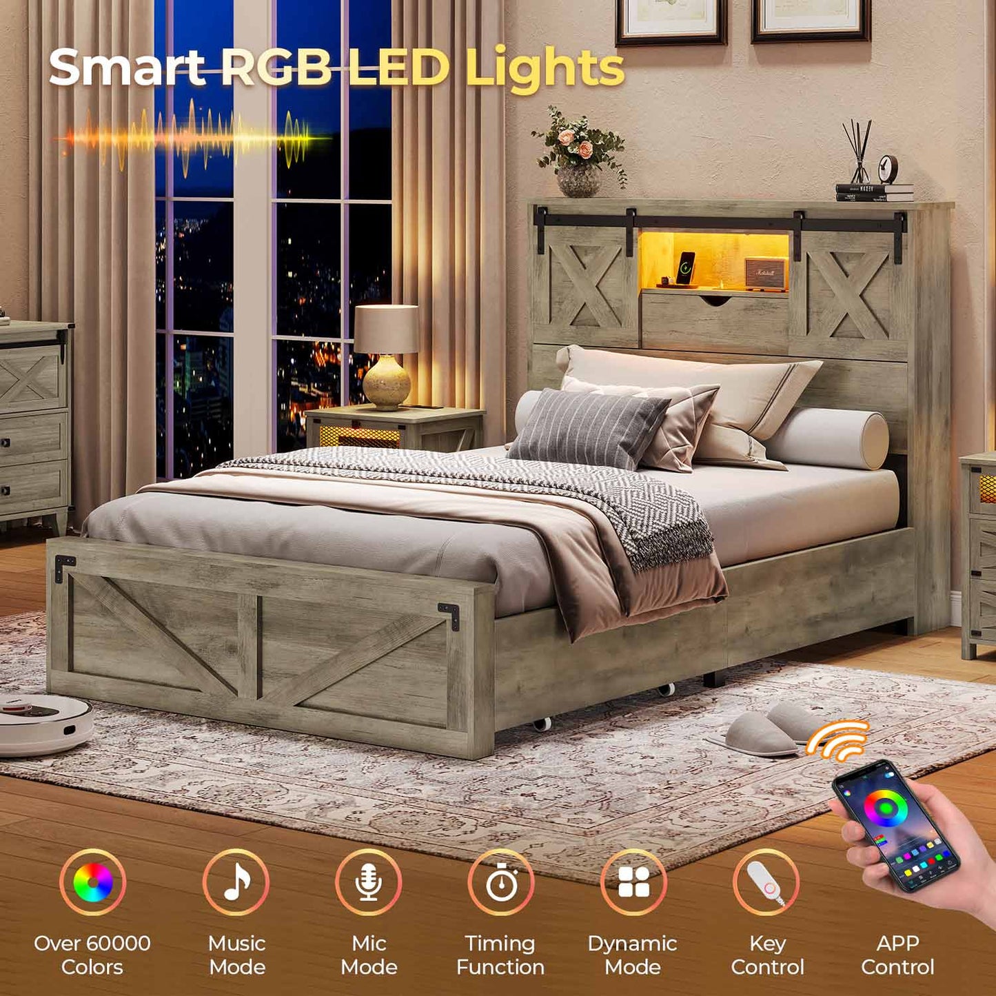 Twin XL Size Bed Frame with 2 Storage Drawers and LED Lights Rustic Oak