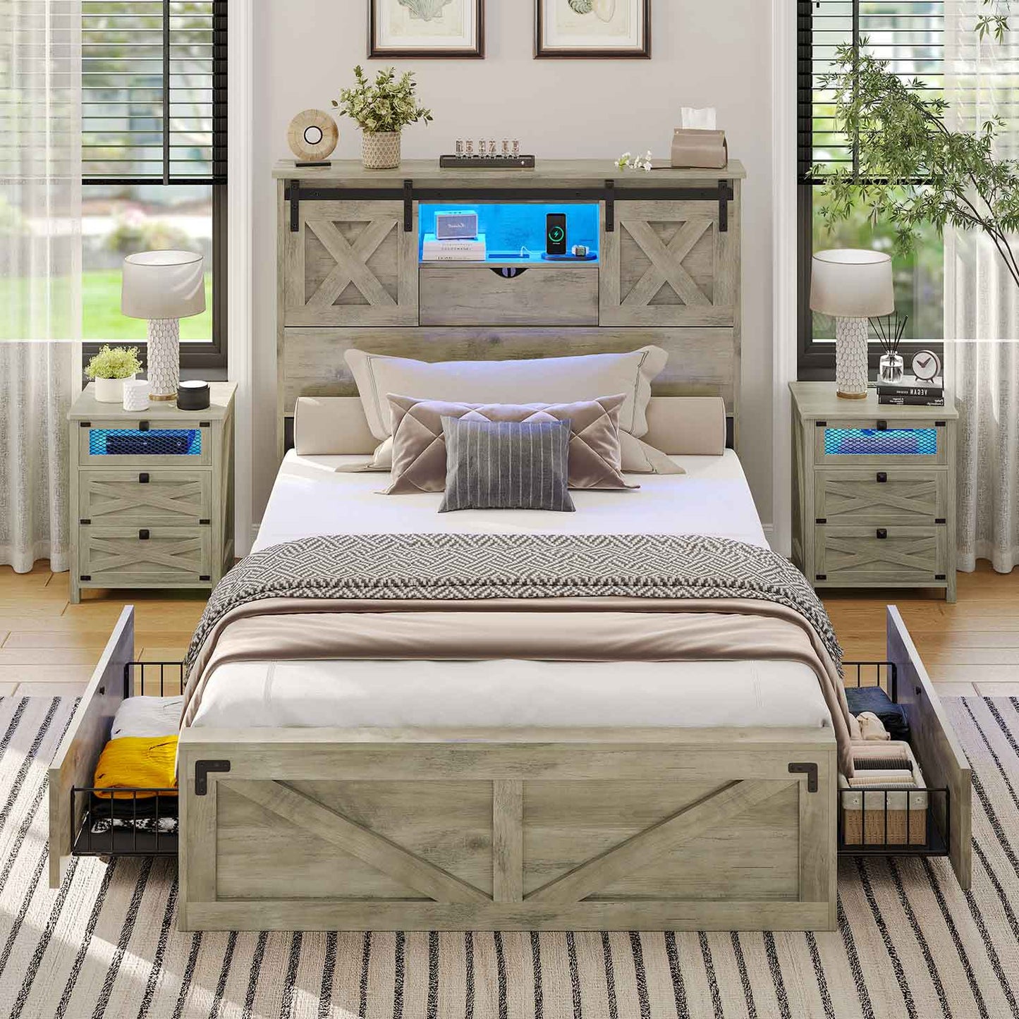 Twin XL Size Bed Frame with 2 Storage Drawers and LED Lights Rustic Oak