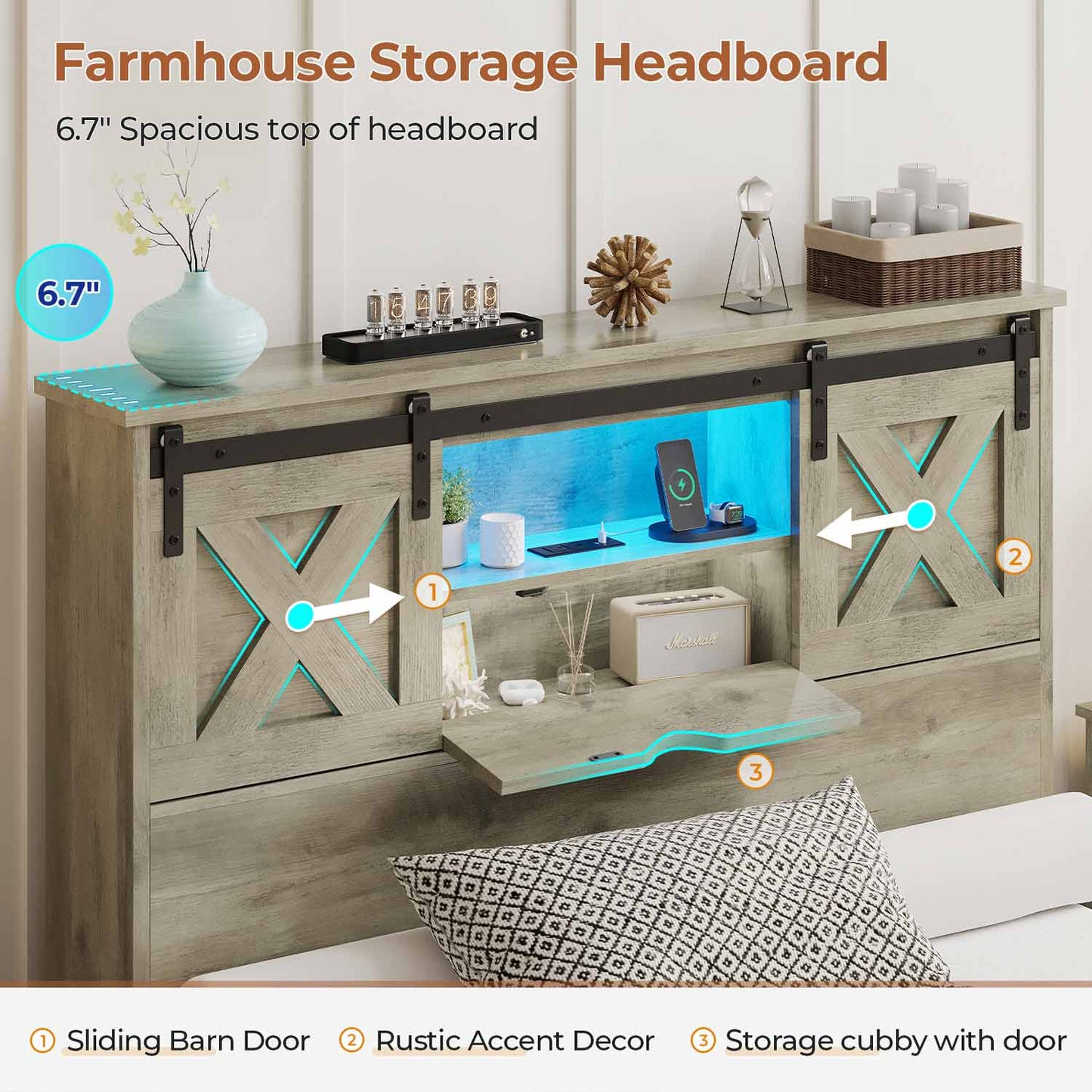 Twin XL Size Bed Frame with 2 Storage Drawers and LED Lights Rustic Oak