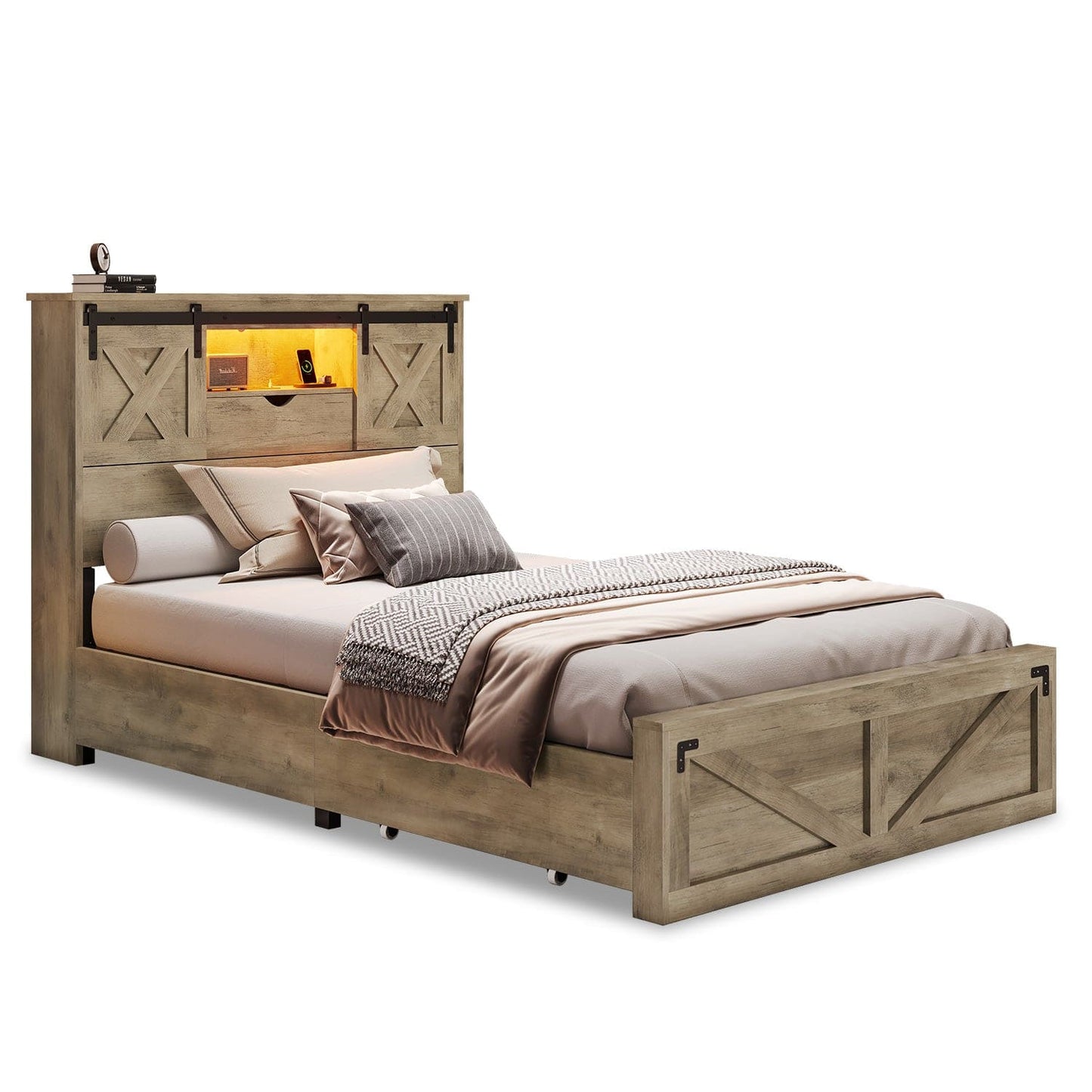 Twin XL Size Bed Frame with 2 Storage Drawers and LED Lights Rustic Oak