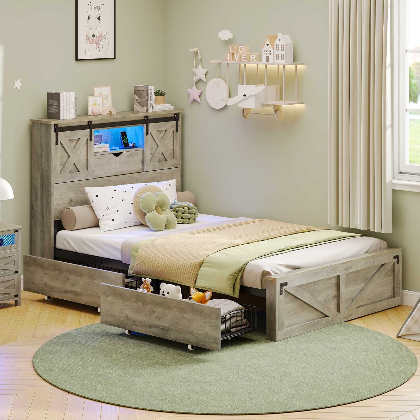 Twin XL Size Bed Frame with 2 Storage Drawers and LED Lights Rustic Oak