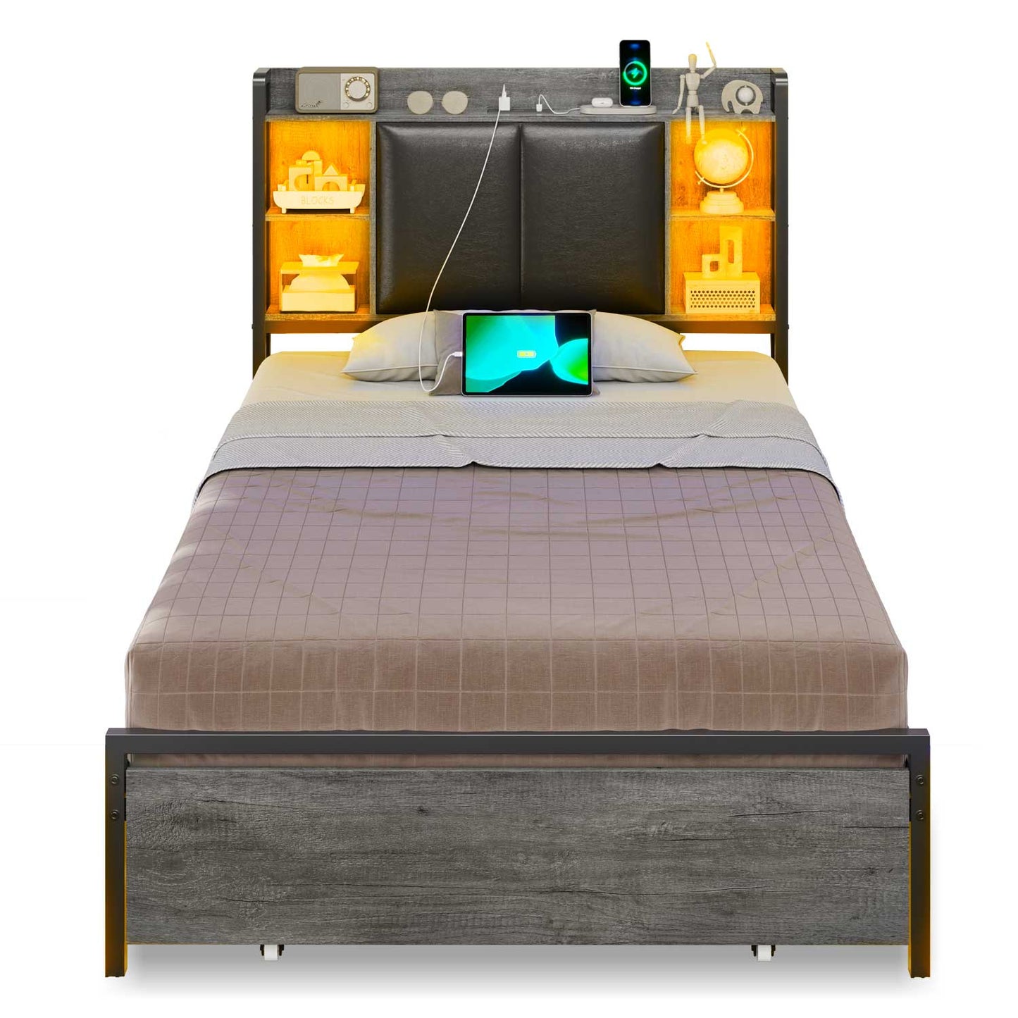 Twin Size LED Bed Frame Grey and Black