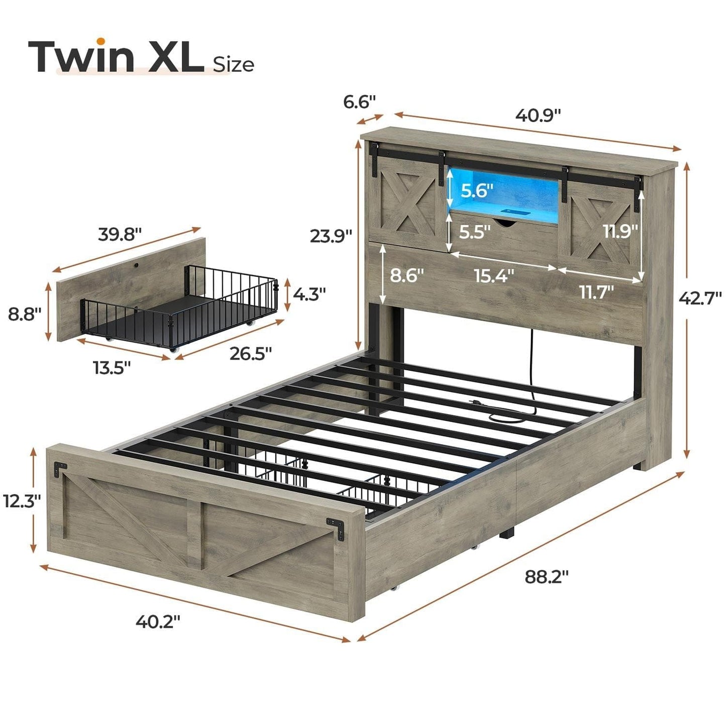 Twin XL Size Bed Frame with 2 Storage Drawers and LED Lights Rustic Oak