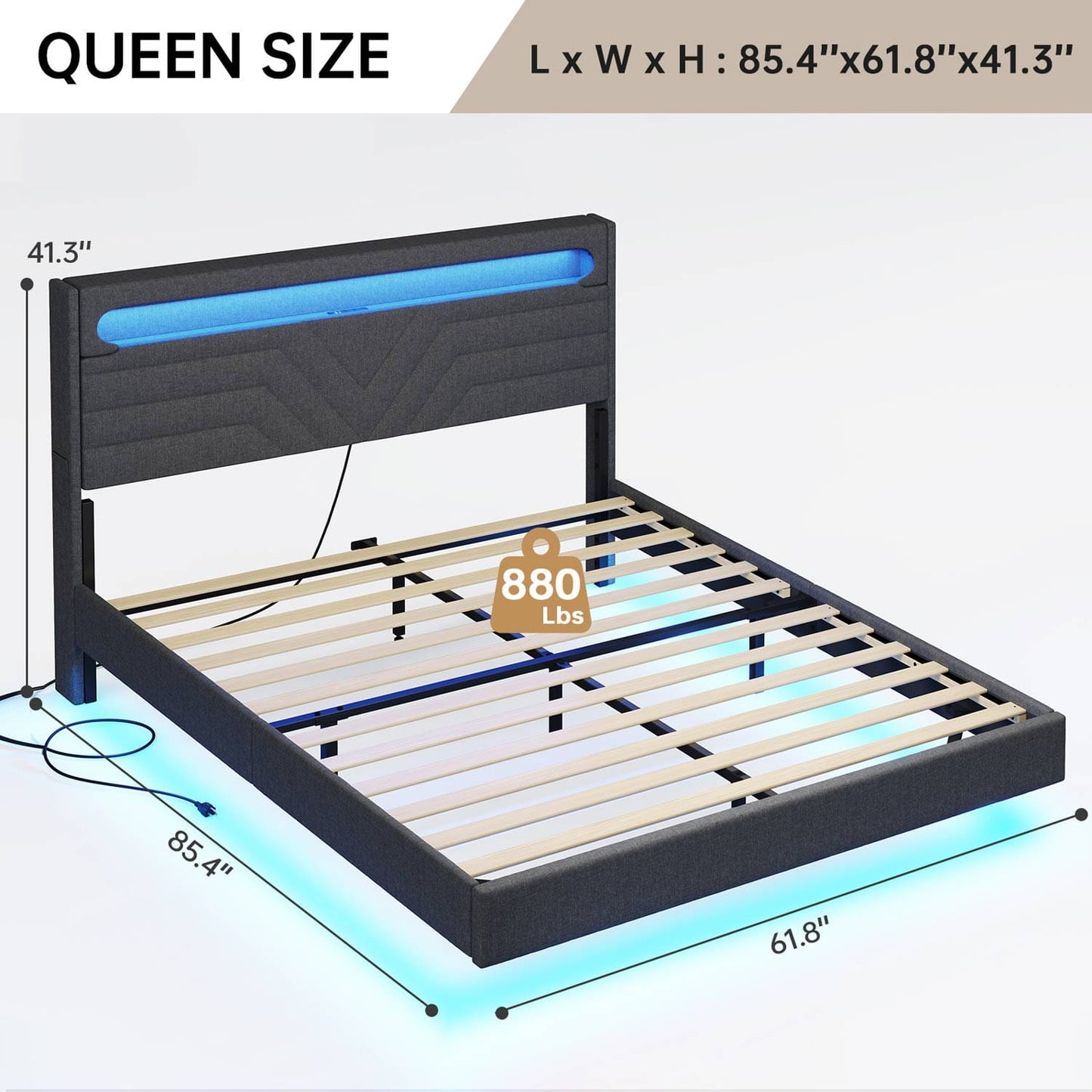 Linen LED Bed Frame with Storage Headboard Black