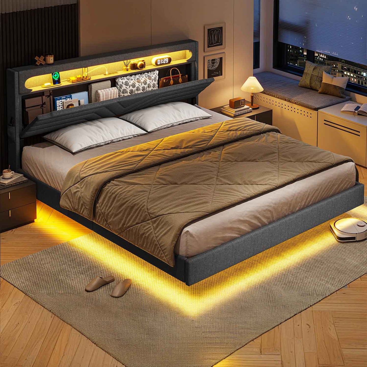 Linen LED Bed Frame with Storage Headboard Black