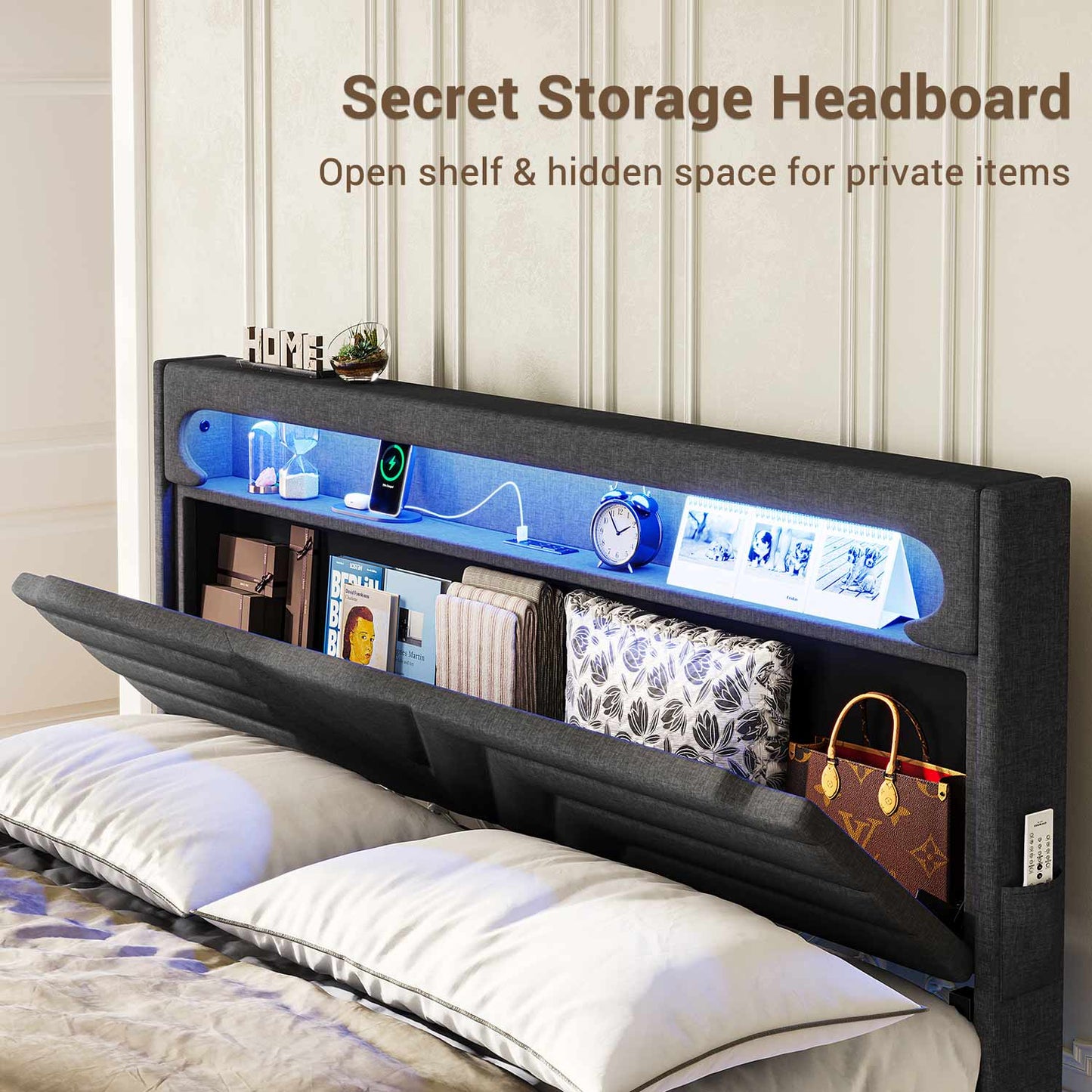 Linen LED Bed Frame with Storage Headboard Black
