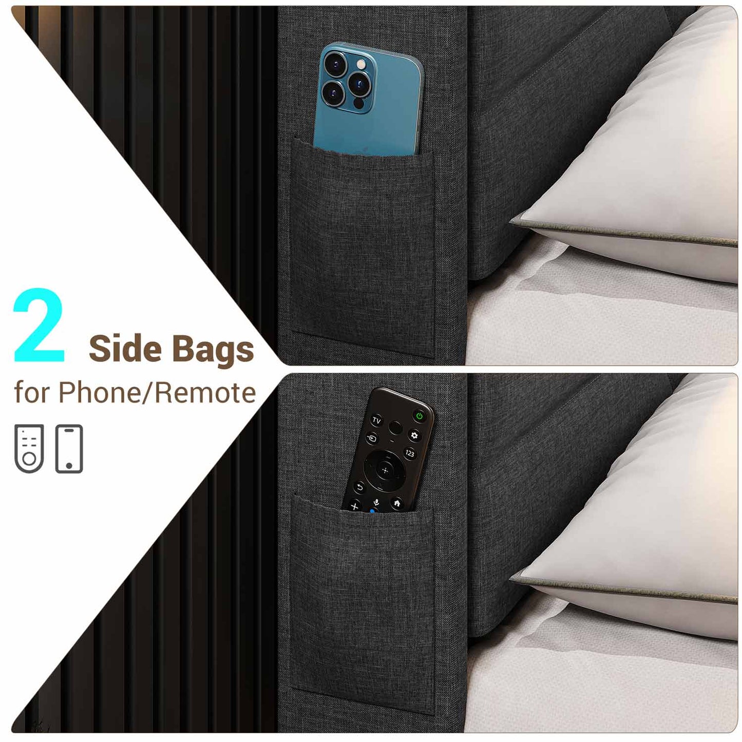 Linen LED Bed Frame with Storage Headboard Black