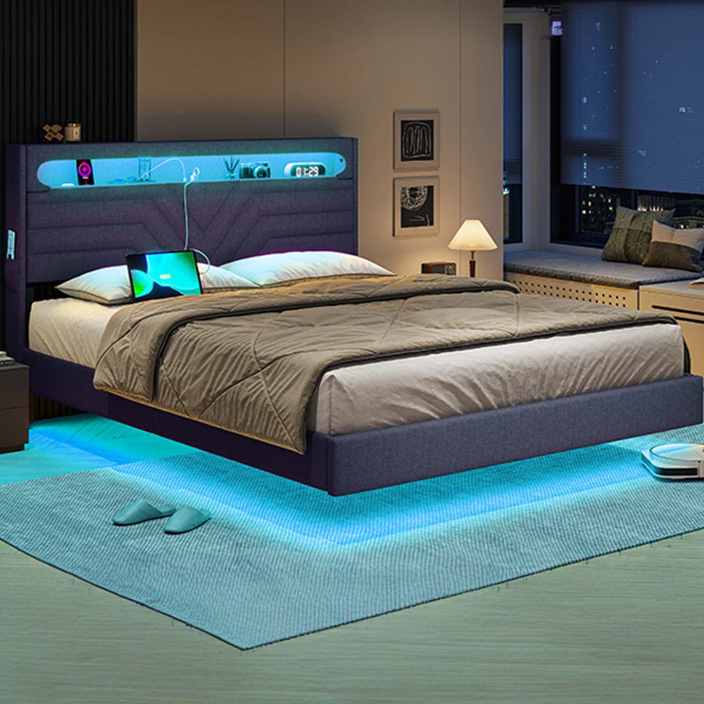Linen LED Bed Frame with Storage Headboard Black