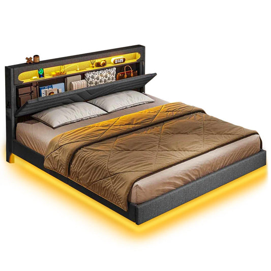 Linen LED Bed Frame with Storage Headboard Black