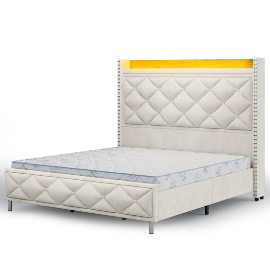Velvet Upholstered LED Bed Frame with Tall Headboard Beige