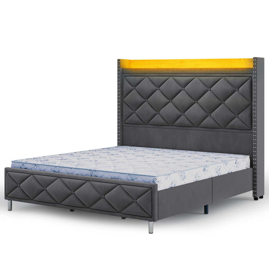 Velvet Upholstered Bed Frame with Tall Headboard Dark Gray