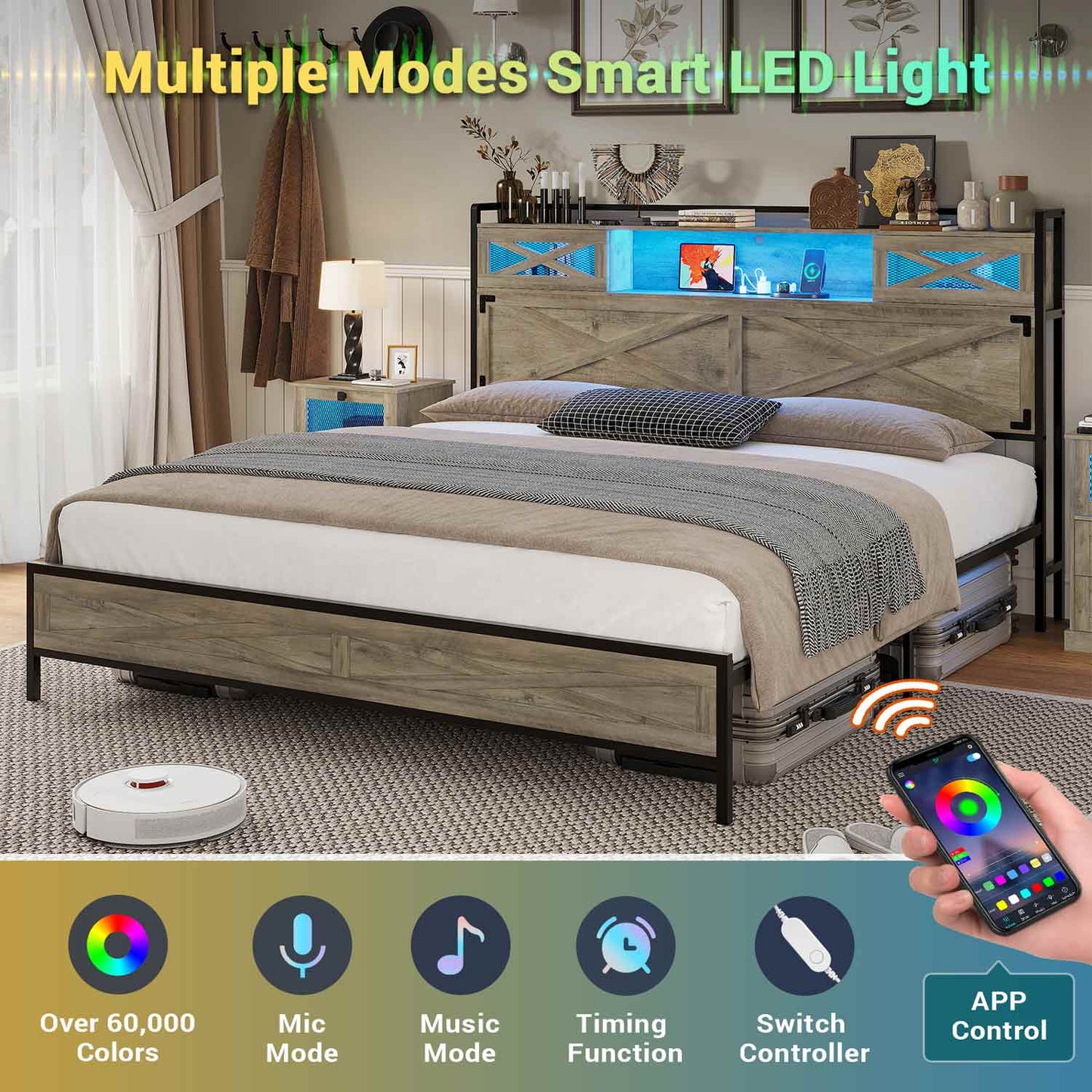 LED Bed Frame with Sliding Barn Door Storage Headboard Grey