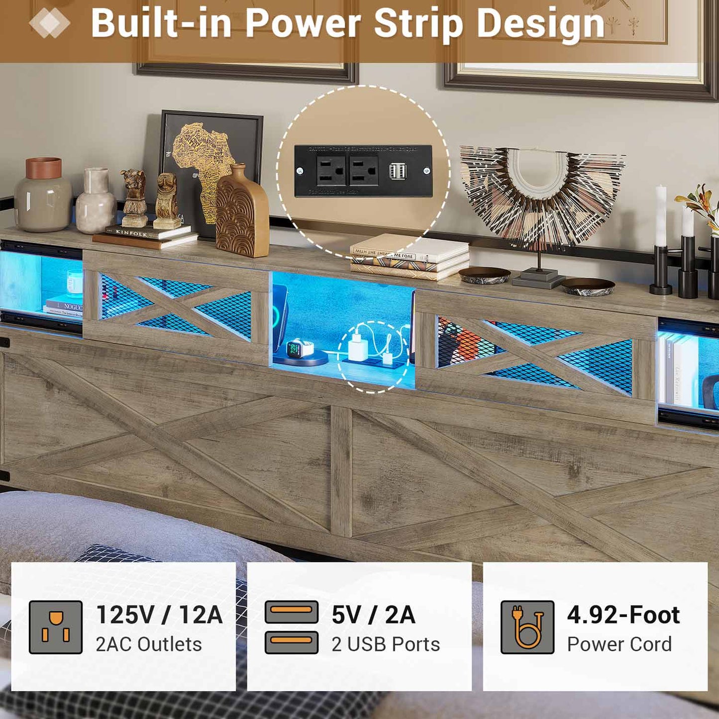 LED Bed Frame with Sliding Barn Door Storage Headboard Grey