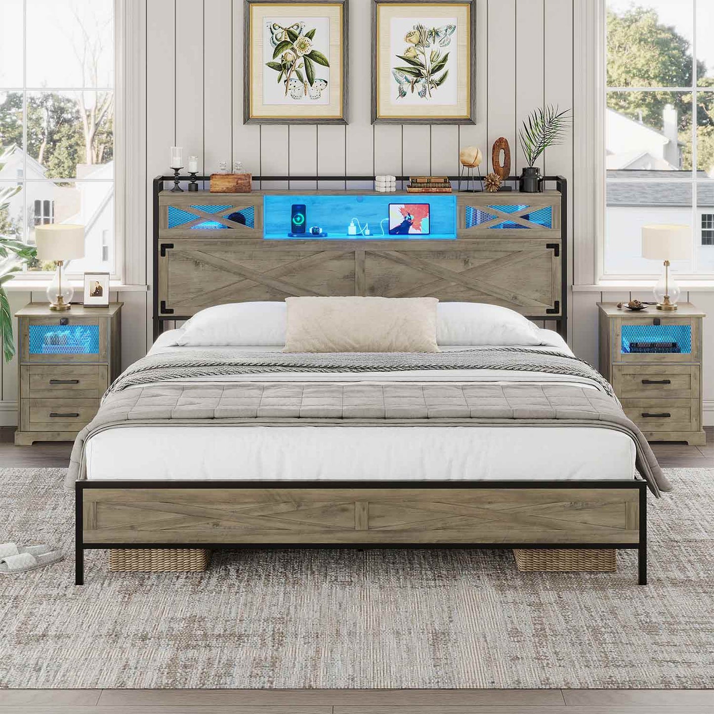 LED Bed Frame with Sliding Barn Door Storage Headboard Grey