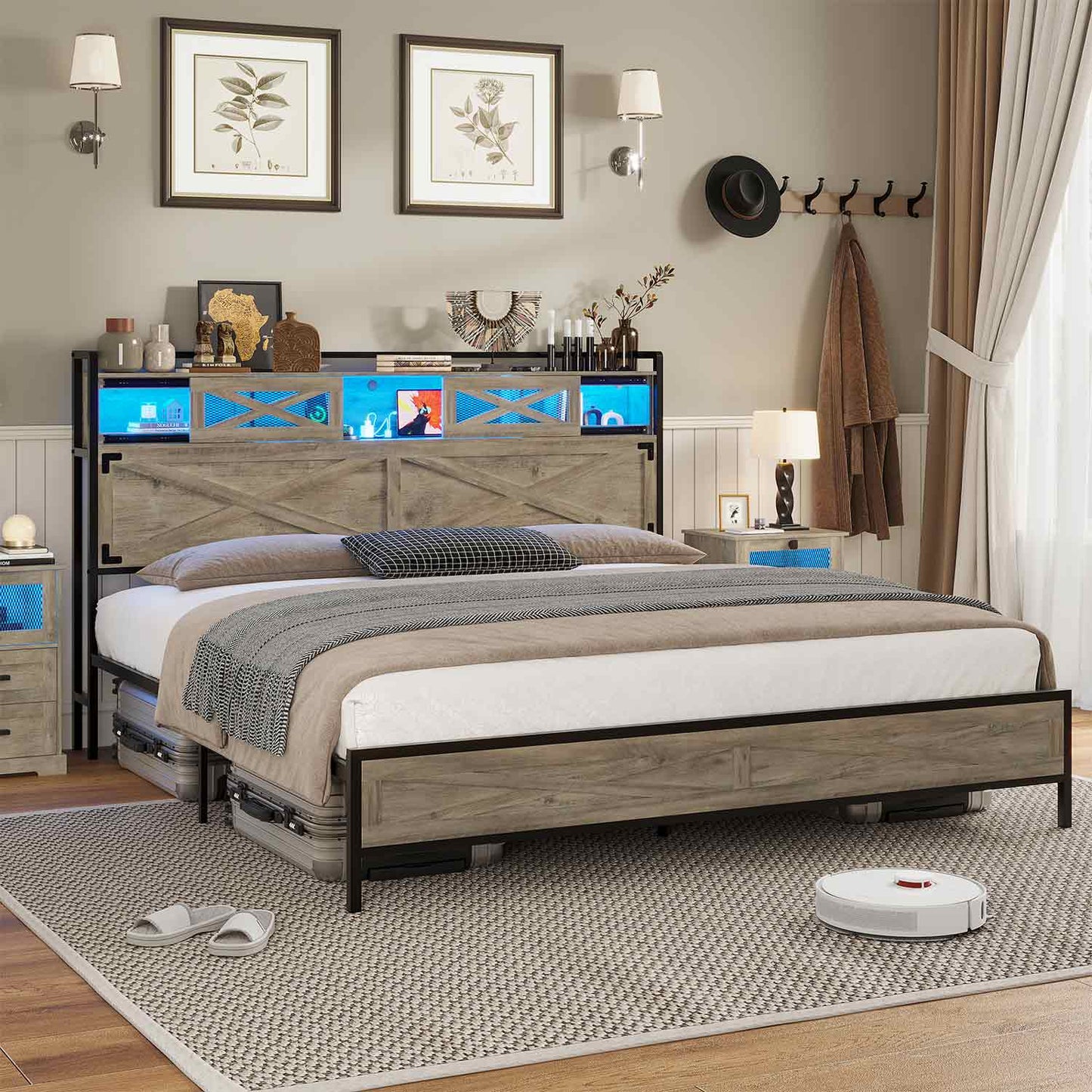 LED Bed Frame with Sliding Barn Door Storage Headboard Grey