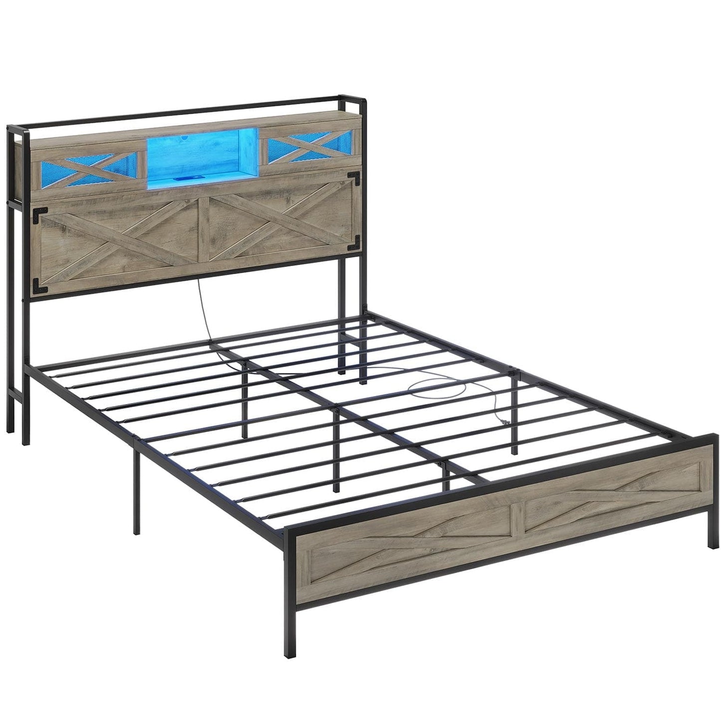 LED Bed Frame with Sliding Barn Door Storage Headboard Grey